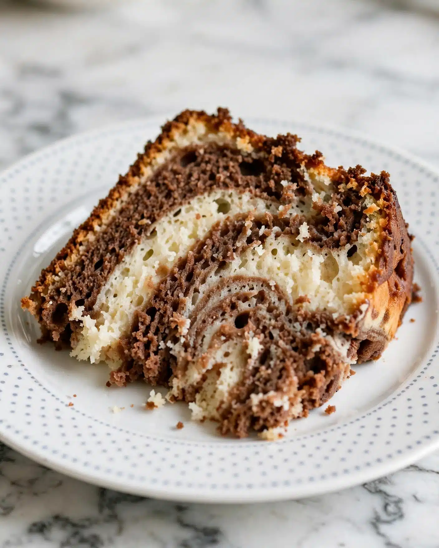 A close-up of a single slice of marble cake resting on a white plate with a subtle dotted pattern along the edge, placed on a white marbled surface. The cake slice shows three distinct layers: a dark chocolate brown layer swirled with a creamy white layer, creating a marbled effect. The cake has a soft, moist texture with small air pockets visible throughout. The top edge is slightly darker and crispier, indicating it is baked, while the marbled layer runs through the middle and bottom parts of the slice, blending beautifully. Photo taken with an iphone --ar 4:5 --v 7