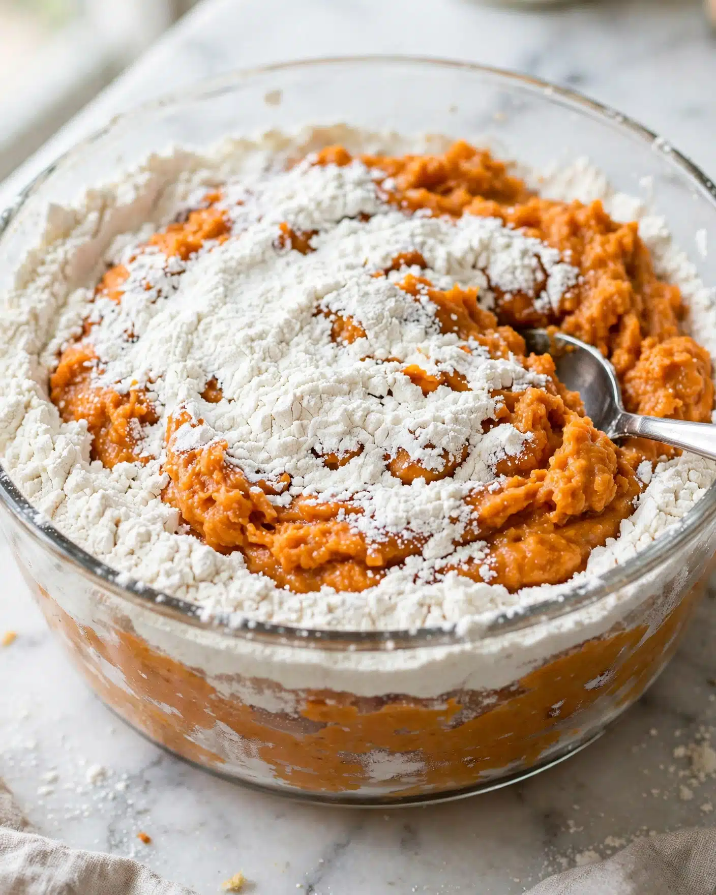 A clear glass bowl sits on a white marbled surface filled almost to the top with a thick, orange batter that looks uneven and textured. On top of this batter, there is a large layer of white flour sprinkled thickly, mostly around the edges but covering parts of the center as well. A silver spoon rests on the right side inside the bowl, partly touching the batter and flour, ready to be mixed. The contrast between the smooth batter and powdery flour is clear, showing two distinct layers with some spots where the batter peaks through. photo taken with an iphone --ar 4:5 --v 7
