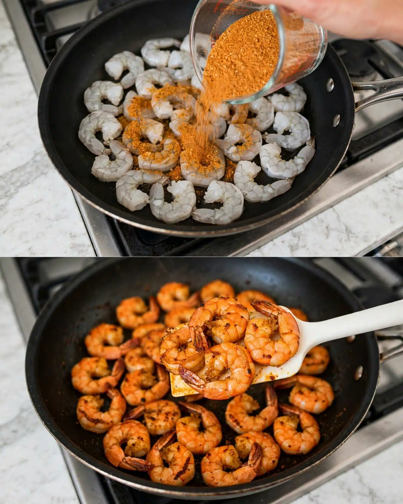 The image shows two views of shrimp cooking in a black pan on a stove with a white marbled surface visible beneath. In the first view, raw shrimp are laid out in the pan, and an orange-brown spice mix is being poured over them from a clear cup. The shrimp look pearly white with slight translucence and soft texture. In the second view, the same shrimp are cooked and turned a bright orange with browned edges, showing a crisp, slightly rough texture. A white spatula is lifting some cooked shrimp in the pan, highlighting the even coating of spices on their surface. photo taken with an iphone --ar 4:5 --v 7