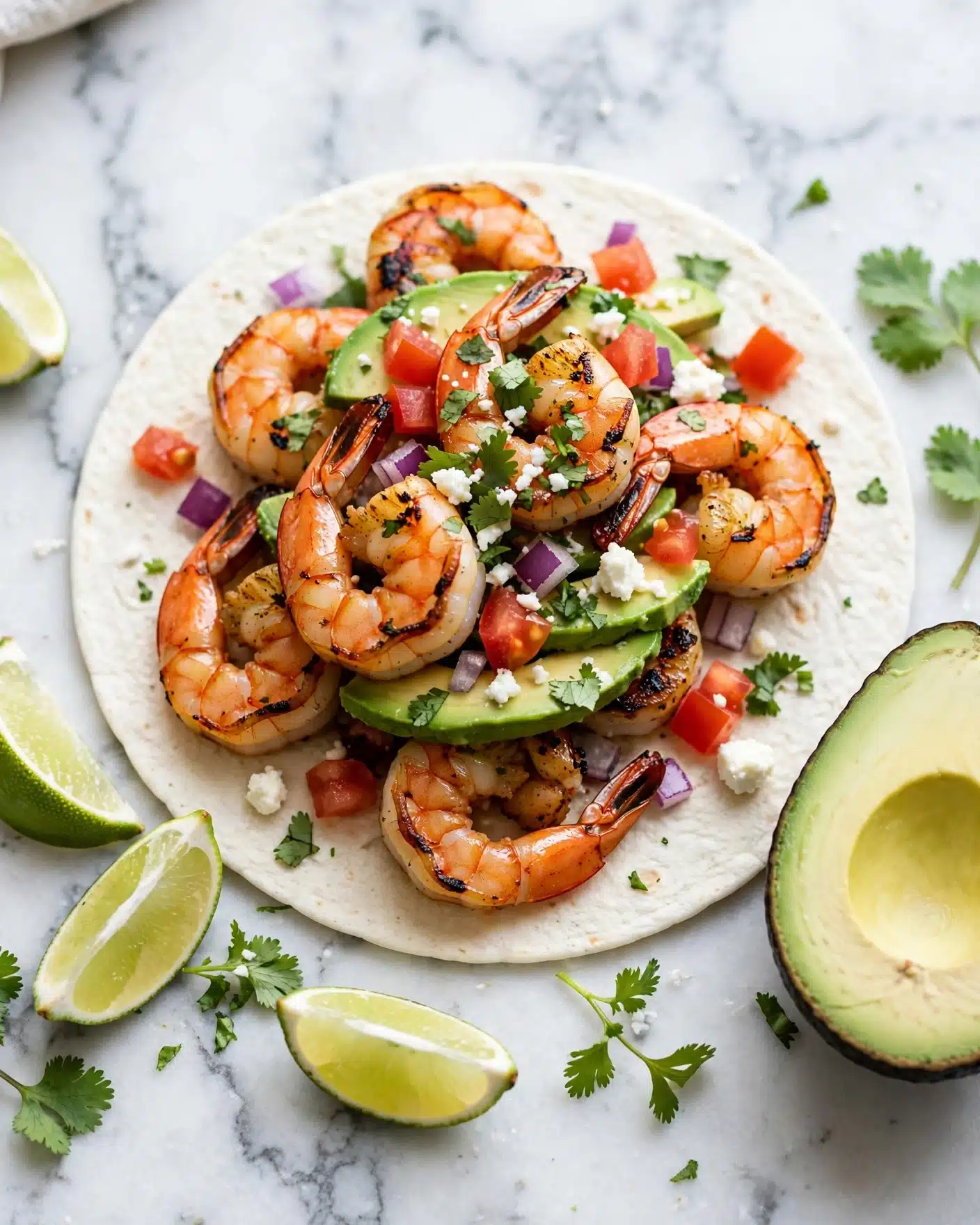 A close-up of a soft white tortilla on a white marbled surface with layers of grilled shrimp that are golden-brown with char marks, topped with sliced avocado, chopped red tomatoes, fresh chopped cilantro, small pieces of purple onion, and crumbled white cheese scattered on top. Around the tortilla are wedges of lime, sprigs of cilantro, and half of an avocado, all arranged neatly. The scene is bright and fresh, showing vibrant green, red, and purple colors against the light tortilla and surface. Photo taken with an iphone --ar 4:5 --v 7