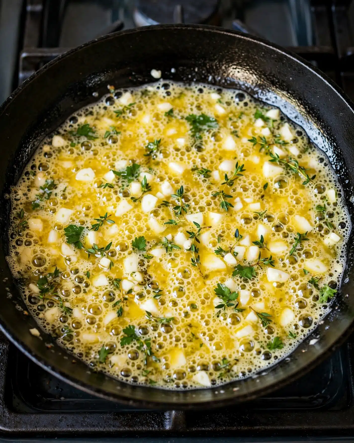 A black frying pan filled with bubbling golden yellow melted butter mixed with small pieces of white garlic and bits of green herbs cooking evenly across the surface, placed on a stove with the dark pan edges slightly reflecting light. Photo taken with an iphone --ar 4:5 --v 7