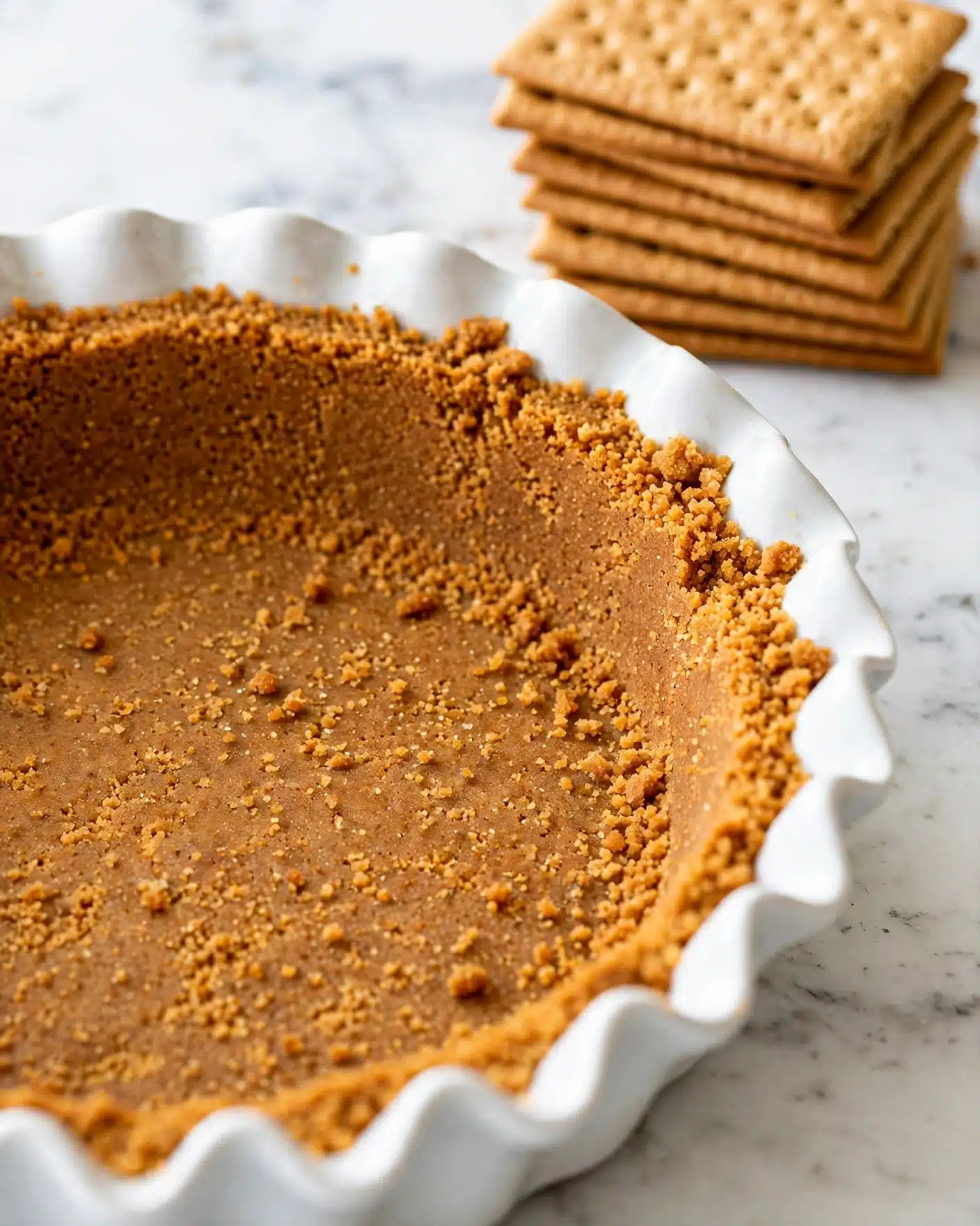 Graham Cracker Crust Recipe 5 The image shows a close-up of a single brown graham cracker crust layer with a crumbly texture. It is shaped inside a white dish with a ruffled edge, and the crust is pressed evenly along the bottom and sides, forming a smooth, curved wall of crumbs. In the background, there is a stack of some crackers on a white marbled surface. The lighting is bright, highlighting the crust's grainy texture and warm amber color. Photo taken with an iphone --ar 4:5 --v 7