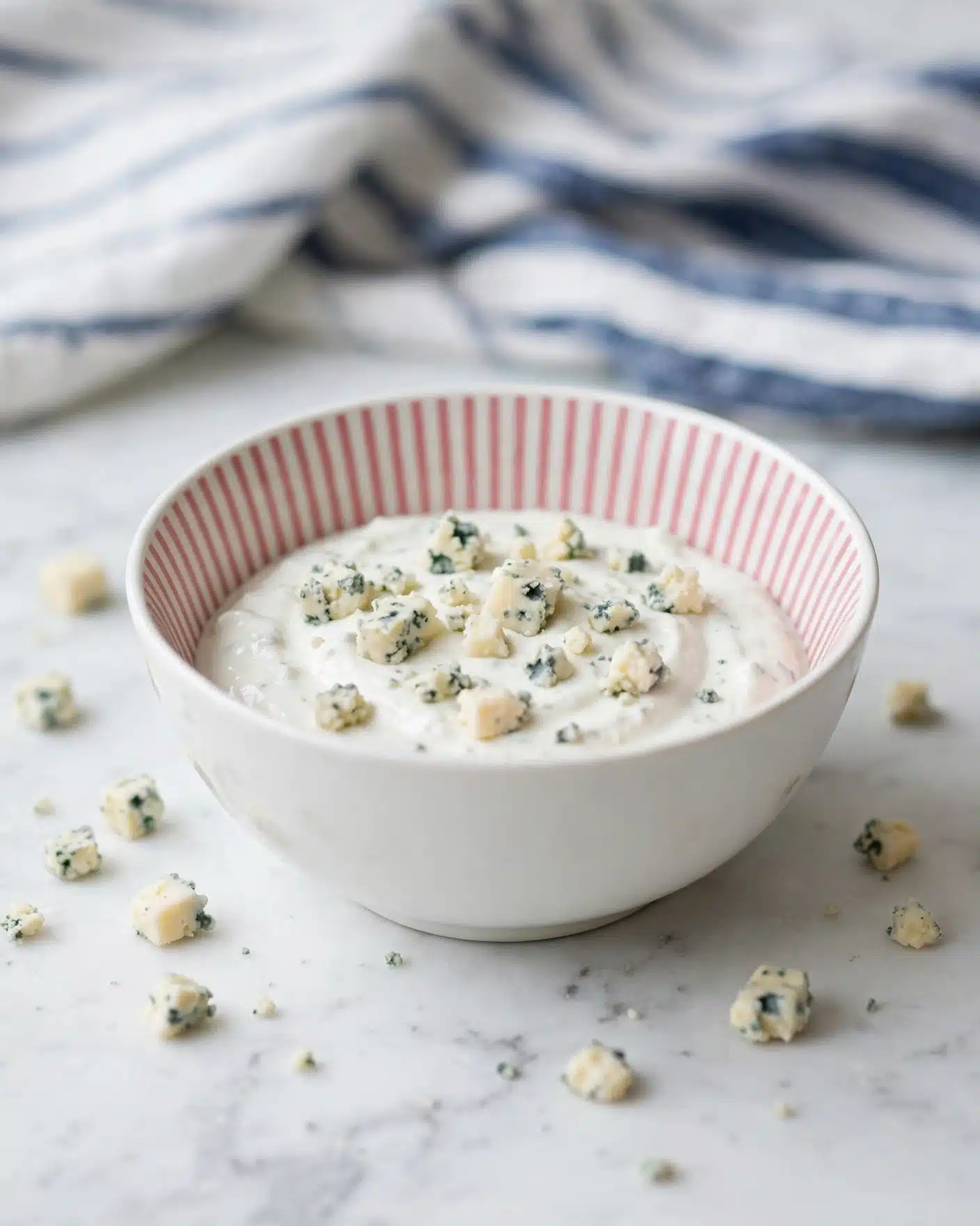 A white bowl with pink vertical stripes on the inside edge holds creamy white dip with small chunks of blue cheese scattered on top, sitting on a white marbled surface. Around the bowl, there are scattered small pieces of blue cheese. The background shows a soft, blurred striped cloth in white and navy blue, adding texture and depth to the scene. photo taken with an iphone --ar 4:5 --v 7