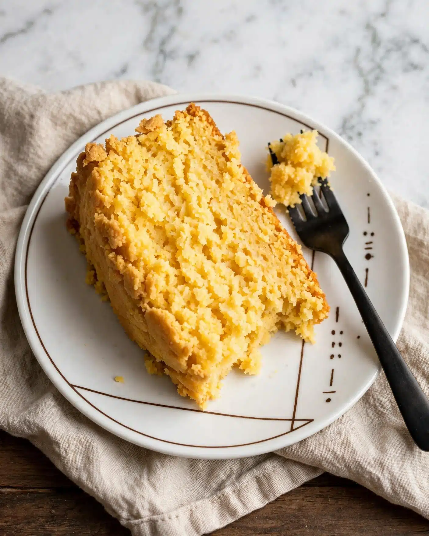 Sweet Potato Cornbread Recipe 5 This image shows a round golden corn bread in a black cast iron pan. The top of the corn bread is rough and slightly cracked, with two squares of softened butter placed in the center, melting slightly into the warm bread. The pan rests on a white marbled surface with a striped cloth featuring gray, white, and yellow colors beside it. Around the pan, there are some pine cones and colorful autumn leaves in yellow and orange shades, giving a warm fall feeling. photo taken with an iphone --ar 4:5 --v 7