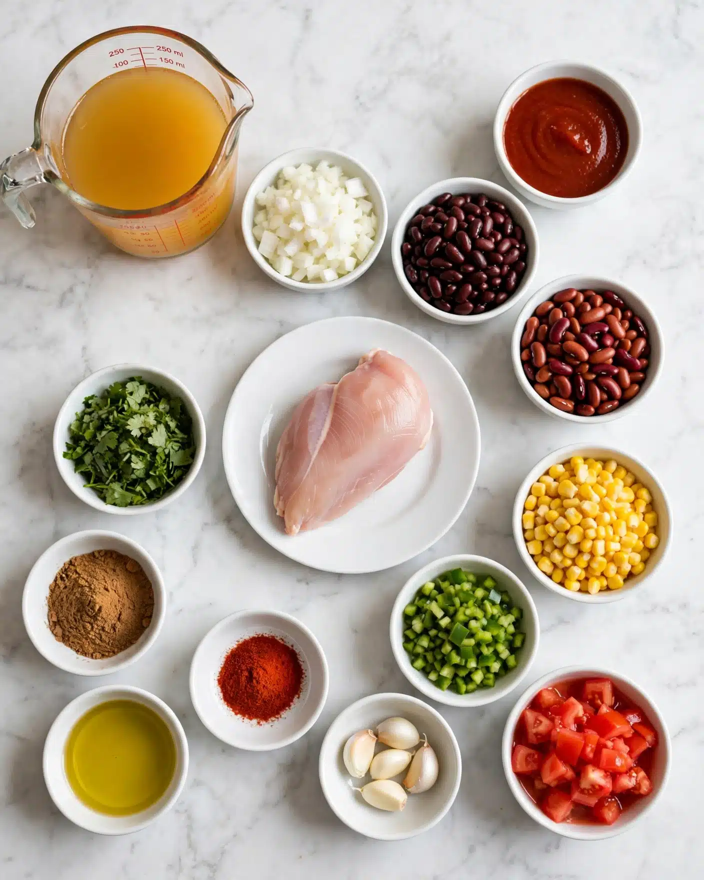 The image shows a clean white marbled surface with various cooking ingredients placed neatly. In the center is a white plate holding a single raw chicken piece that is pale pink with some white fat. Around it are small white bowls filled with chopped white onions, dark red or black beans, reddish-brown beans, bright yellow corn kernels, and finely chopped green peppers. There is also a clear measuring jug filled with an orange-yellow liquid, likely broth, and a white bowl with a deep red sauce. Small white bowls contain a few garlic cloves, a red spice, a light yellow oil, green herb leaves, and a brown powdery spice. Lastly, a white bowl holds chopped red tomatoes with some liquid. The layout is tidy and organized, showing all ingredients clearly on the white marbled surface photo taken with an iphone --ar 4:5 --v 7