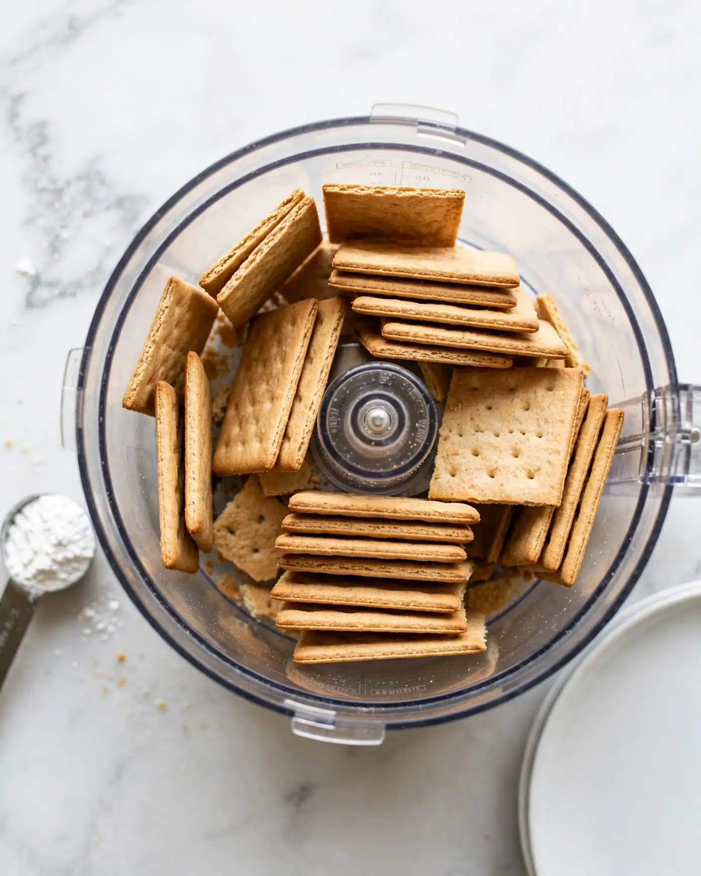 Graham Cracker Crust Recipe 4 The image shows a clear food processor bowl viewed from above, filled with multiple layers of light brown rectangular crackers stacked unevenly inside, with some crackers leaning against the side. The background is a white marbled surface, and there is a white plate partially visible near the bottom right corner. A measuring spoon with white powder is on the left side near the processor. The whole scene looks clean and bright, with soft lighting. photo taken with an iphone --ar 4:5 --v 7