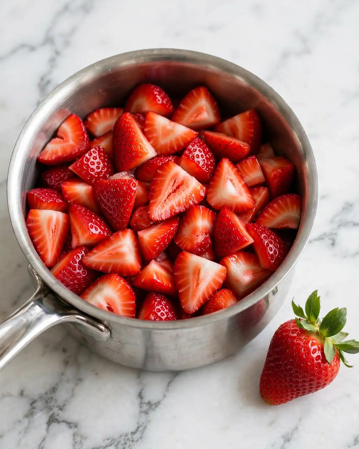 Sugar-Free Strawberry Jam Recipe 4 The image shows a silver pot filled with many pieces of bright red strawberries, each piece varying in size and shape with white and red interiors visible. The pot handle extends to the left side, and a whole strawberry with green leaves lies on the white marbled surface next to the pot. The strawberries have a fresh, juicy look with seeds visible on the outer sides. The white marbled surface underneath adds a clean, fresh backdrop to the colorful fruit. Photo taken with an iphone --ar 4:5 --v 7