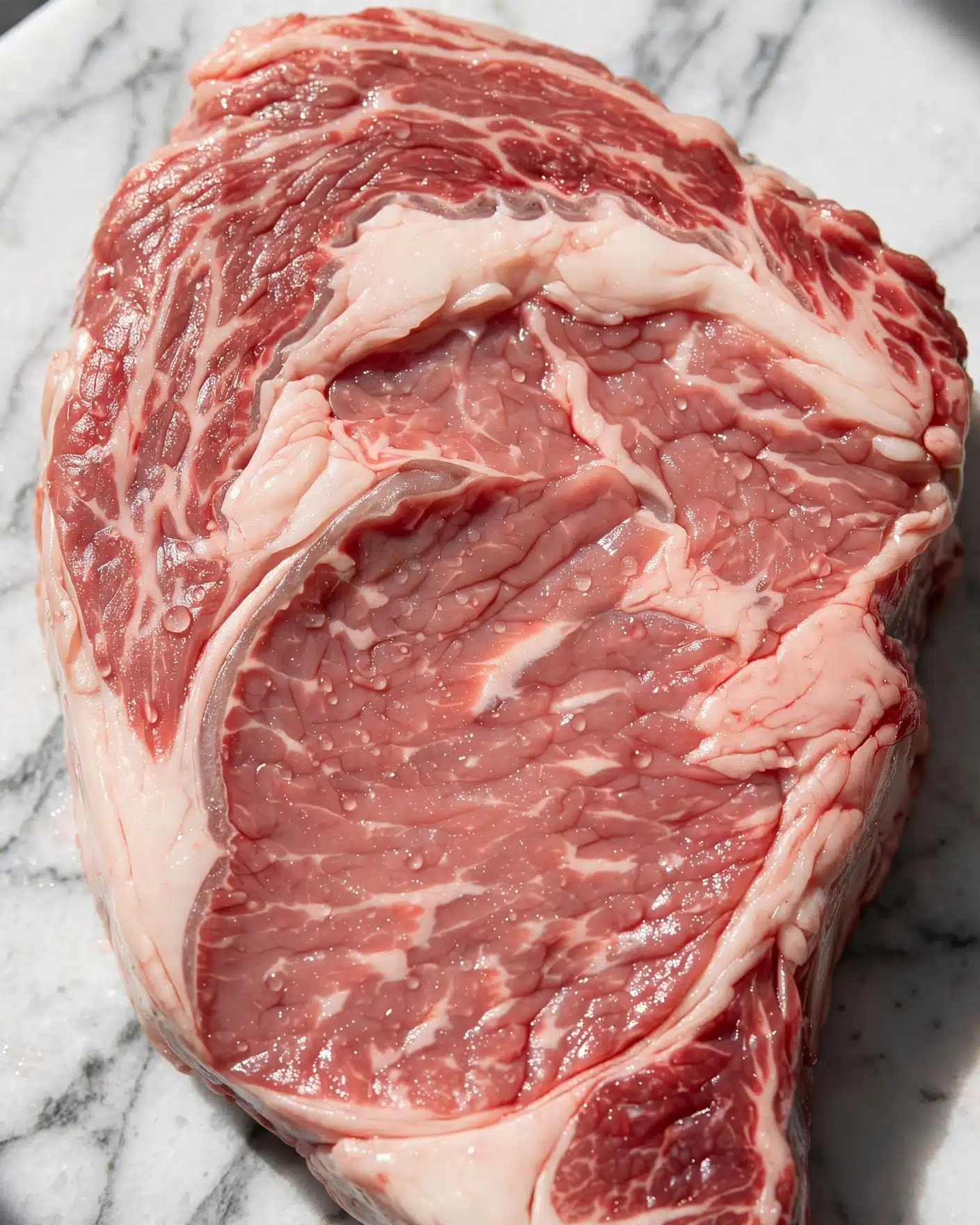A close-up of a raw steak with light red meat and white fat marbled throughout. The steak is placed on a white marbled surface with visible texture lines creating a clean contrast. The focus is on the uneven shape and the detailed fat layers surrounding the edges and streaked inside the meat. The lighting highlights the fresh and moist appearance of the meat. photo taken with an iphone --ar 4:5 --v 7