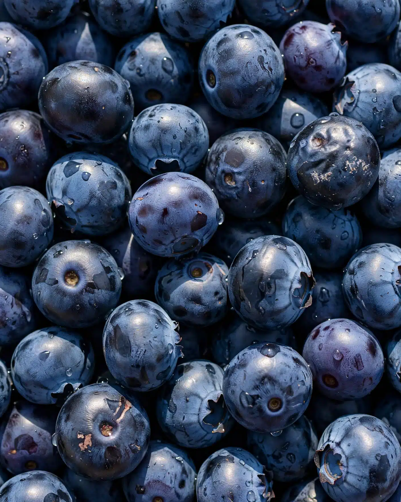 A close-up image filled entirely with fresh blueberries, showing their round shapes and deep blue color. The blueberries have a mix of matte and slightly shiny textures, with some berries showing small scars or dimples on their surfaces. The background is not visible, as the image is fully covered with the berries, creating a rich sea of blue shades. photo taken with an iphone --ar 4:5 --v 7