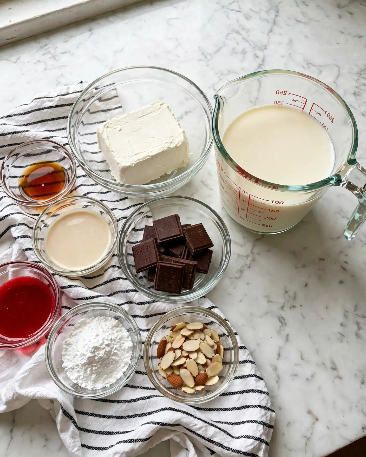 The image shows several clear glass bowls and a glass measuring cup placed on a white marbled surface with a white cloth that has black stripes underneath some of the bowls. The measuring cup is filled with light cream-colored milk and is on the right side. To its left, there is a larger bowl with a block of white cream cheese. In front of the cream cheese, there is a bowl containing dark brown chocolate squares. Around these, smaller bowls hold different ingredients: one with white powdered sugar, one with bright red liquid, one with sliced almonds, one with a light beige liquid, and one with amber-colored vanilla extract. Photo taken with an iphone --ar 4:5 --v 7