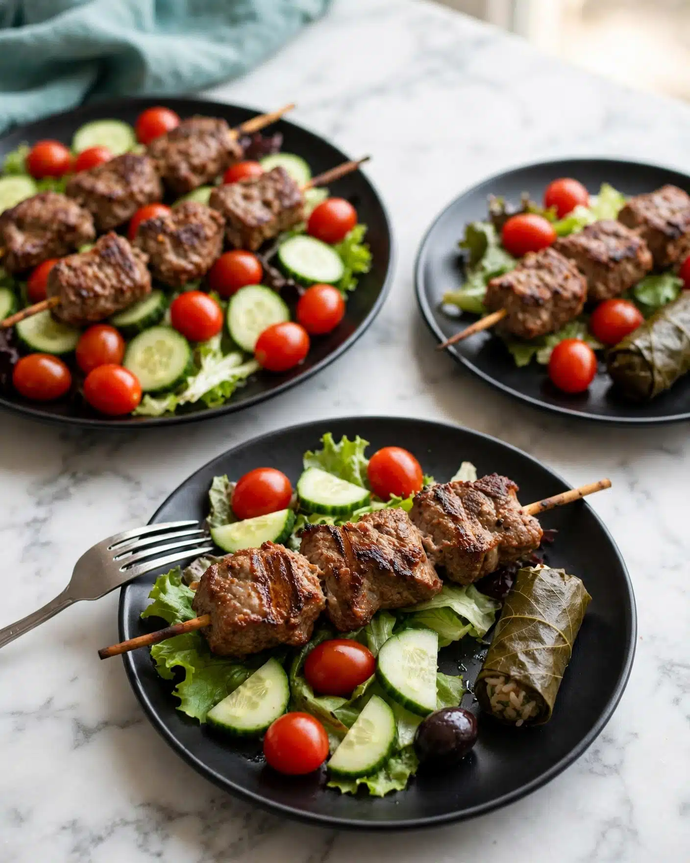 Mediterranean Steak Salad Recipe 5 The image shows a close-up of a white marbled surface with three settings of food. In the foreground, a black plate holds one skewer of grilled meat with three pieces of browned, textured meat on a wooden stick, placed horizontally on a bed of leafy green lettuce, sliced cucumber, whole red cherry tomatoes, and a dark olive, along with a stuffed grape leaf on the right side of the plate. A silver fork rests on the left edge of this plate. In the background, to the left side, there is a larger black plate with several similar skewers of grilled meat arranged over a similar salad of lettuce, cucumber slices, and lots of cherry tomatoes. On the right, another black plate carries a skewer with grilled meat and a smaller salad with leafy greens, a stuffed grape leaf, and cherry tomatoes. The white marbled surface underneath contrasts softly with the dark plates, and a soft teal cloth is partly visible in the top corner. photo taken with an iphone --ar 4:5 --v 7