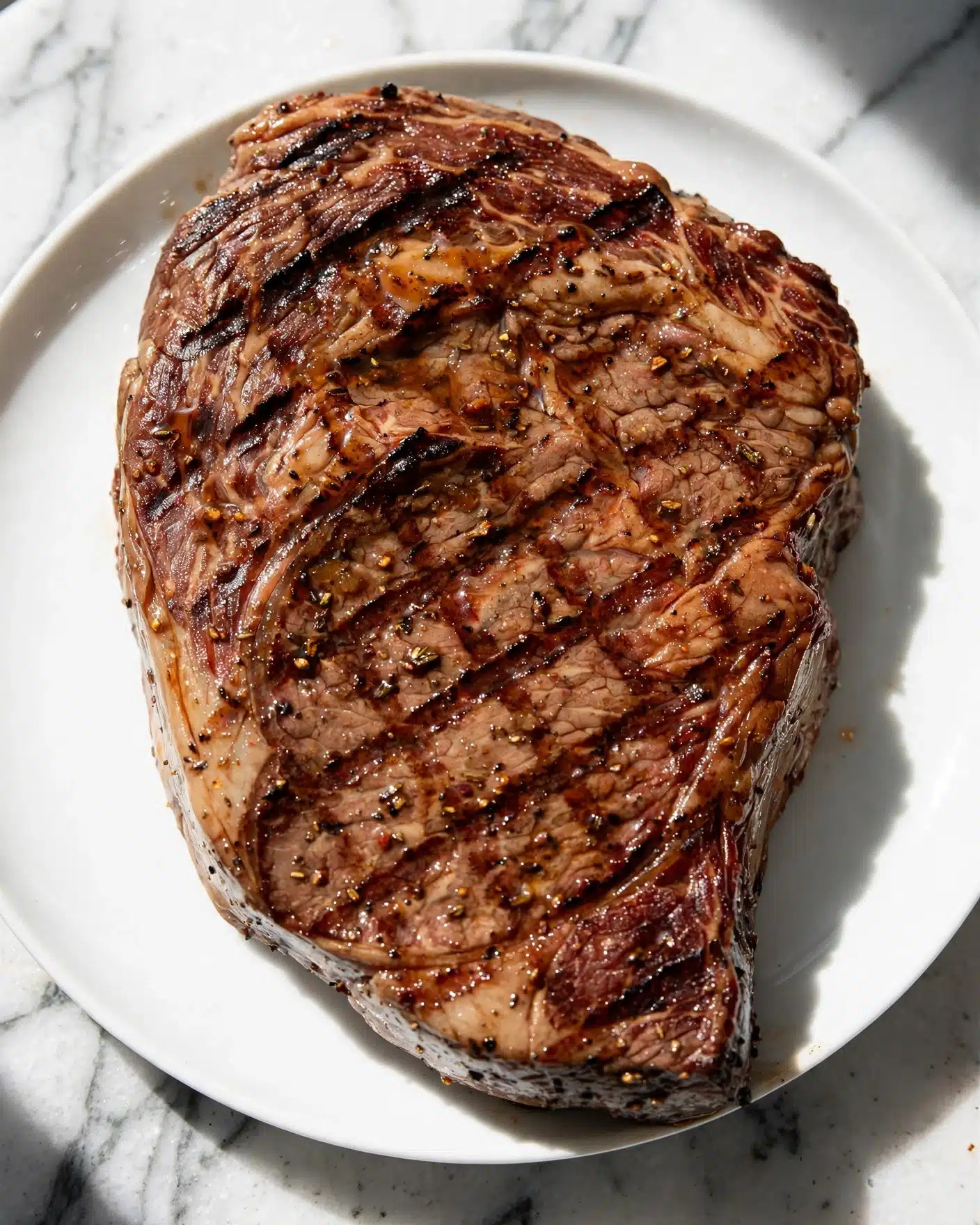 The image shows a grilled steak placed on a white plate set on a white marbled surface. The steak has visible grill marks in a crisscross pattern, with a brown color and some charred areas on top. The texture looks tender with small bits of seasoning or sauce spread lightly across the steak, giving it a slightly glossy look. The plate is simple and round, with no other food or decoration around the steak. photo taken with an iphone --ar 4:5 --v 7