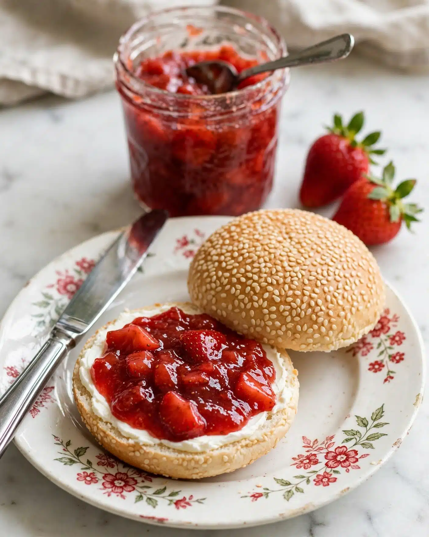 Sugar-Free Strawberry Jam Recipe 5 A white plate with a red floral pattern holds a round sesame seed bun split into two halves; the top half is plain, and the bottom half is spread with a thick layer of white cream cheese and a generous layer of bright red strawberry jam with visible chunks. A shiny silver knife lies diagonally on the plate next to the bun. Behind the plate, there is a clear glass jar filled with red strawberry jam with a spoon inside, and two fresh strawberries with green leaves rest nearby on a white marbled surface. Photo taken with an iphone --ar 4:5 --v 7
