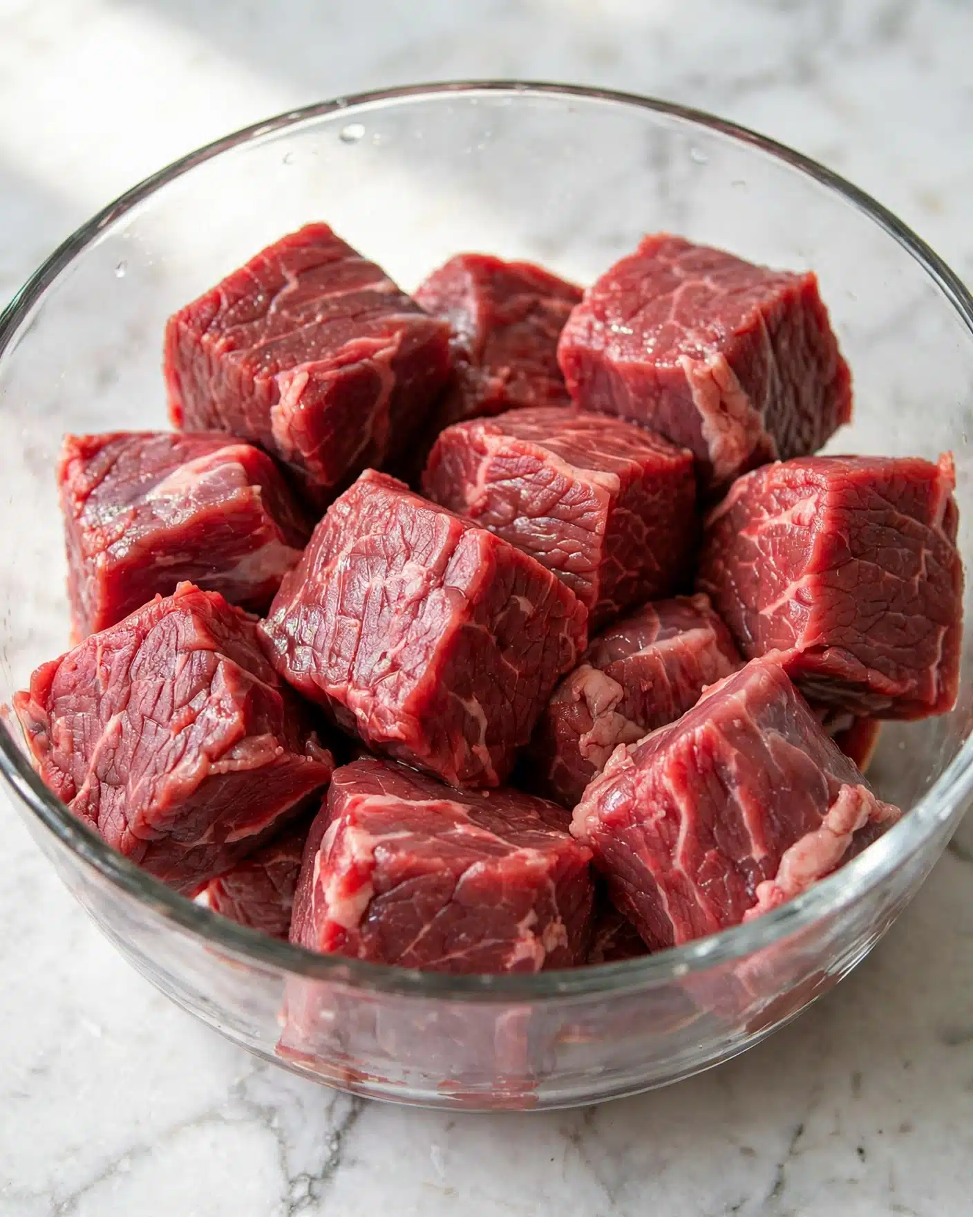 Mediterranean Steak Salad Recipe 4 A clear round glass bowl filled with about ten pieces of raw beef chunks. The beef pieces are thick, uneven cubes with visible light marbling and a rich, red color mixed with light pink fat streaks. The bowl is placed on a white marbled surface that contrasts with the deep red of the meat. The image focuses closely on the beef, showing texture and freshness clearly. photo taken with an iphone --ar 4:5 --v 7