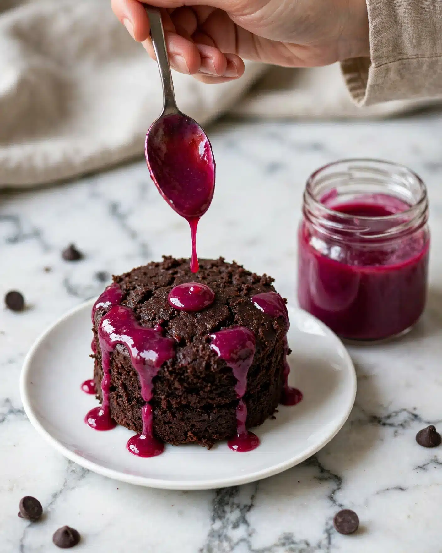 The image shows a small, dark chocolate cake with a rich, moist texture, sitting on white parchment paper atop a white marbled surface. The cake has a deep purple-red sauce dripping down its sides and pooling on the surface beneath it, while a handful of chocolate chips are scattered on top, adding a smooth, round texture. In the background, there is a glass jar partially filled with the same purple sauce, slightly blurred. A silver fork lies to the right of the cake with two chocolate chips next to it, enhancing the clean and simple presentation. photo taken with an iphone --ar 4:5 --v 7