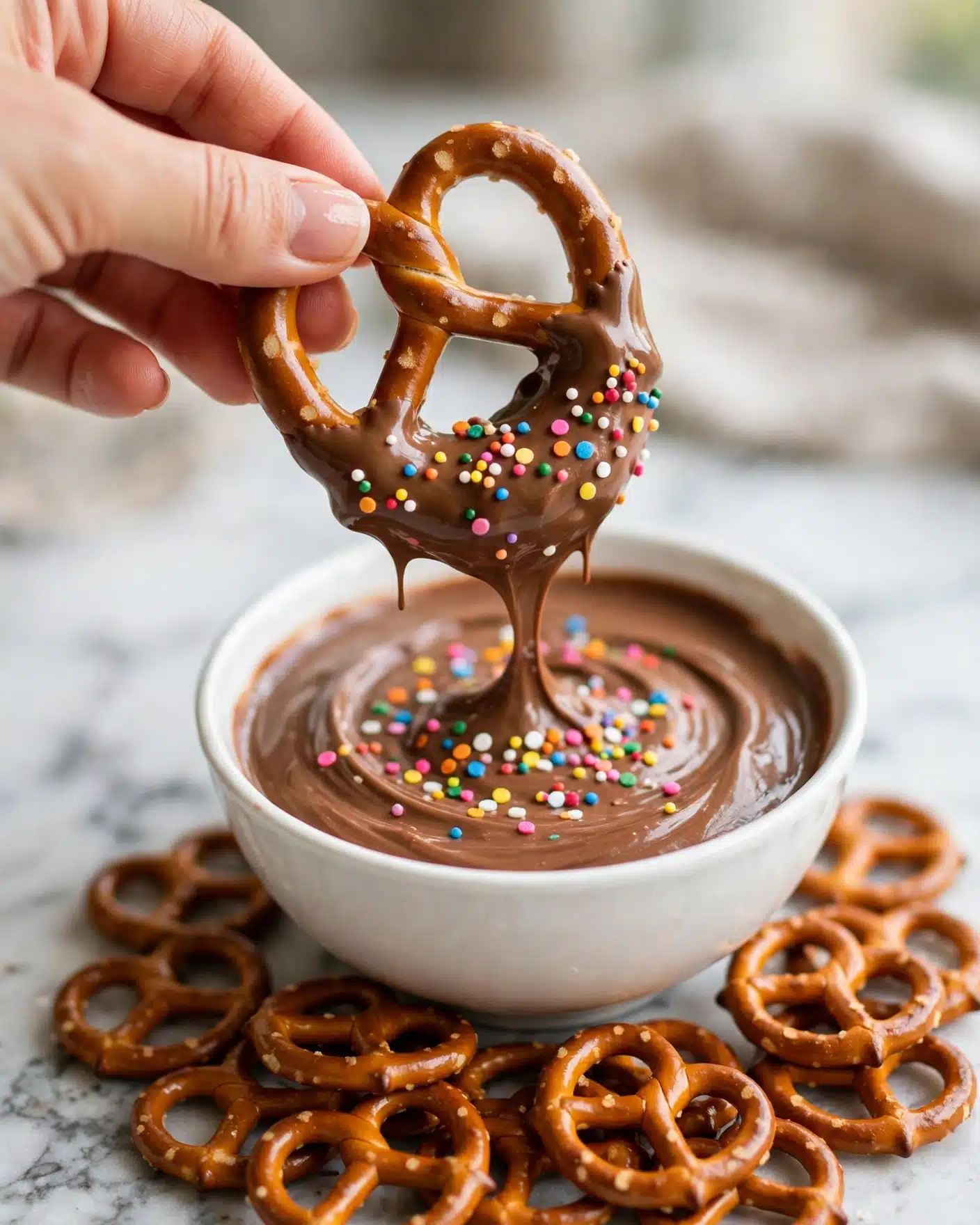 Brownie Batter Dip Recipe 5 A woman's hand is holding a brown pretzel partially covered with smooth, thick milk chocolate dip that has colorful sprinkles stuck to it. The dip is being lifted from a white bowl filled with swirled, creamy milk chocolate topping that also has a scattering of multi-colored sprinkles on top. Below the bowl is a pile of plain brown pretzels spread out, all resting on a white marbled surface. The image focuses sharply on the dipped pretzel, with the background softly blurred. photo taken with an iphone --ar 4:5 --v 7