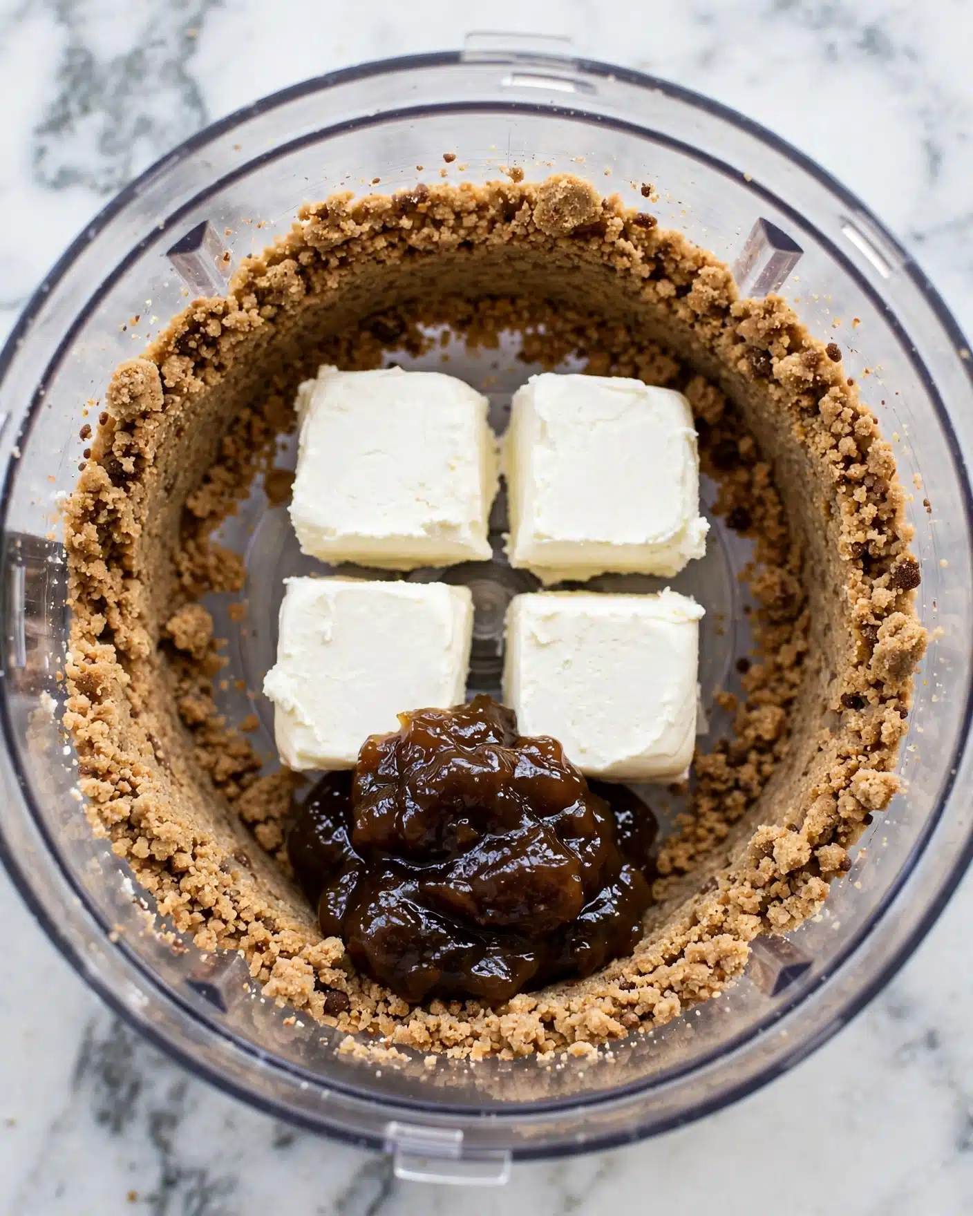 The image shows a close-up view inside a clear food processor bowl filled with a coarse light brown crumb base around the edges. On top of the crumb layer, there are four pieces of soft white cream cheese placed evenly in a square shape near the center. In the middle, close to the front, there is a small pile of dark brown fruit preserves with a glossy texture. The background features a white marbled surface. Photo taken with an iphone --ar 4:5 --v 7