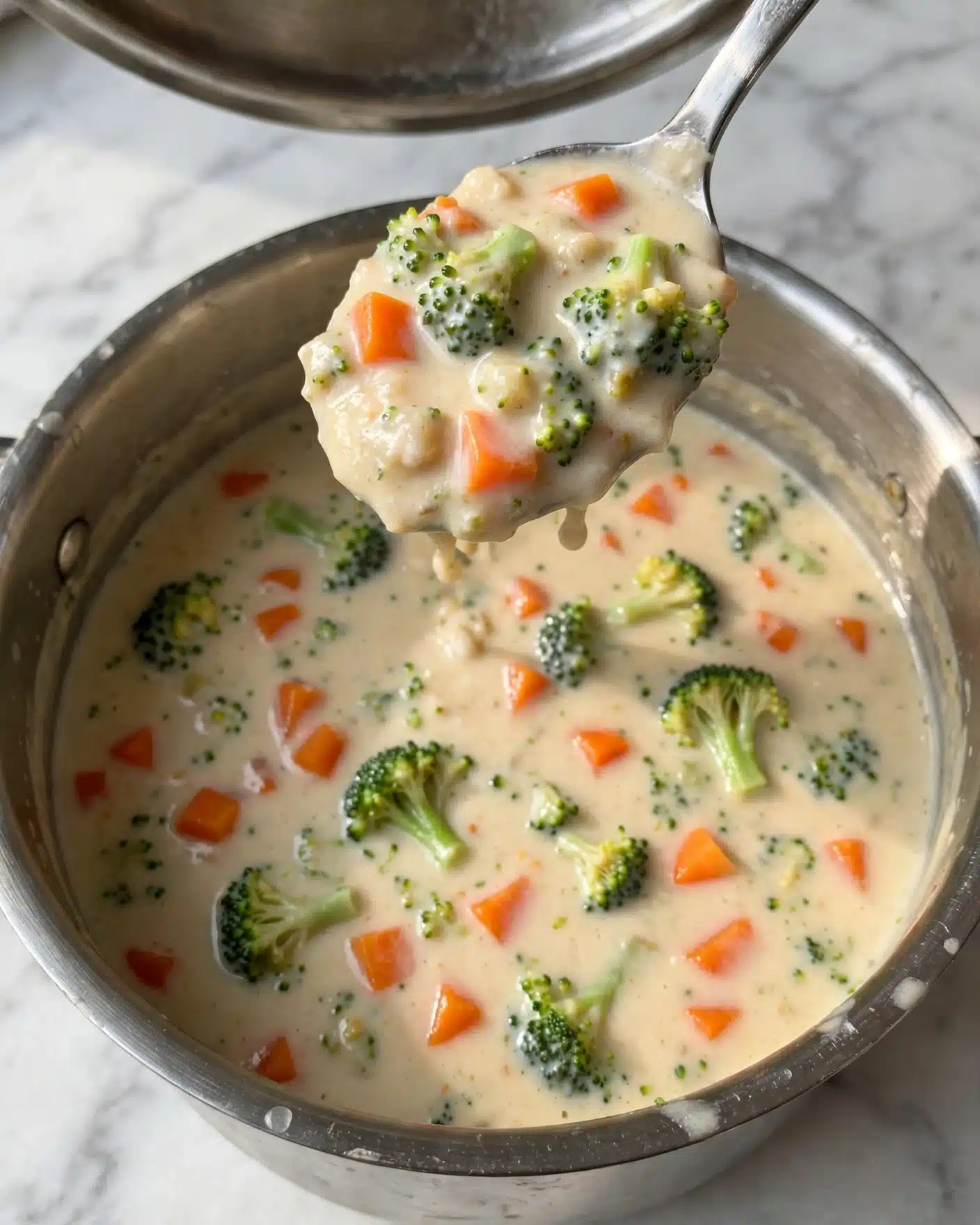A close-up view of a creamy soup inside a metal pot, showing three visible layers: the smooth, light beige soup base; small bright orange carrot pieces scattered throughout; and green broccoli florets mixed evenly in the soup. The spoon hovers over the pot, lifting a thick scoop full of these elements, highlighting the rich texture of the soup with its chunks of vegetables. The pot is placed on a white marbled surface, and the edge of the pot lid can be seen at the top of the image. photo taken with an iphone --ar 4:5 --v 7