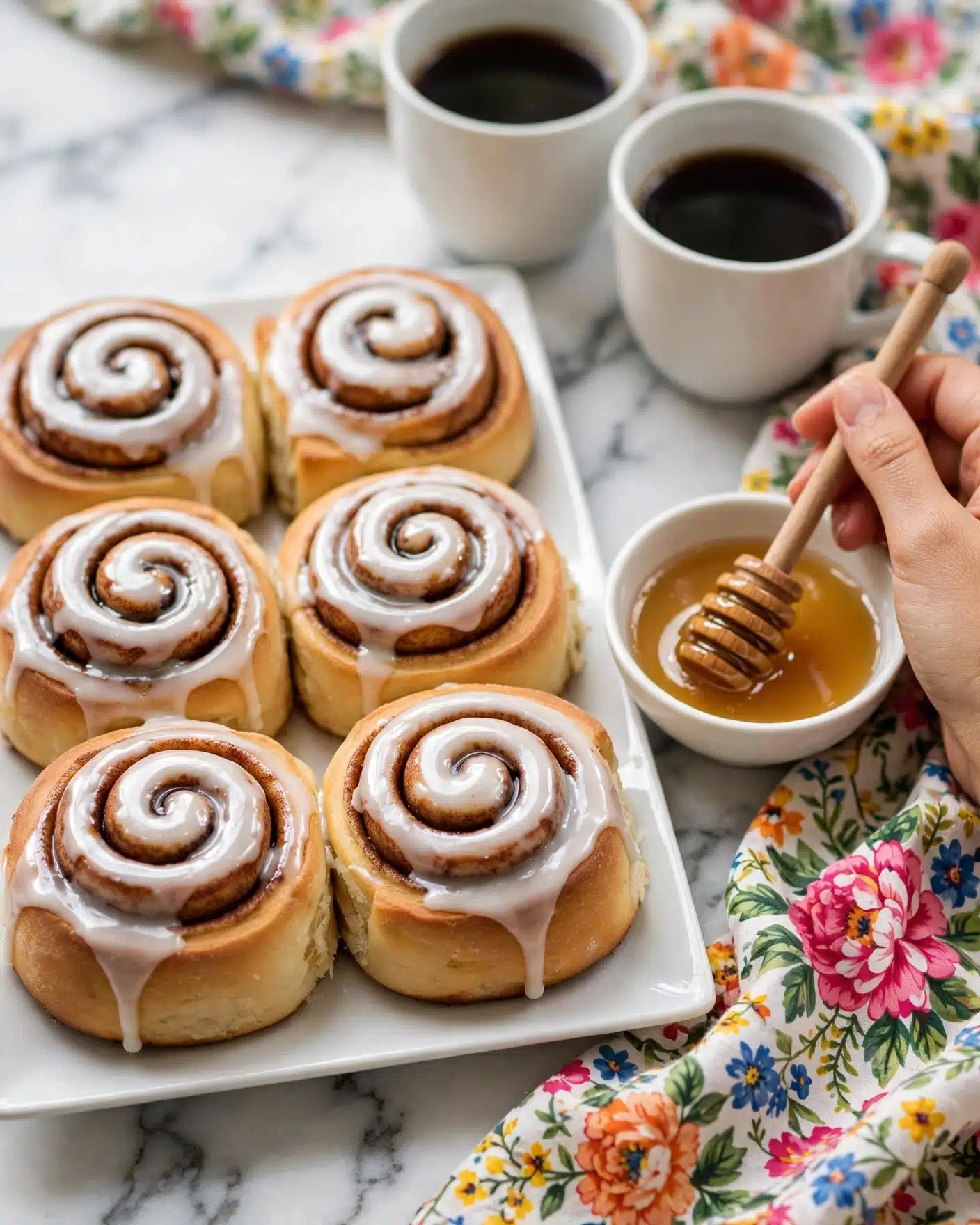 Homemade Honey Buns (Baked or Fried) Recipe 5 A white rectangular plate holds seven cinnamon rolls, each with thick, shiny white icing that follows the spiral of the soft, golden brown dough beneath. The rolls show a clear swirl pattern with a cinnamon layer inside, slightly darker brown than the dough. The texture looks soft and fluffy, while the icing gives a smooth and glossy finish. Near the plate, a woman's hand holds a wooden honey dipper resting in a small white bowl filled with golden honey. In the background, there are two white cups filled with black coffee, all set against a white marbled surface with a colorful floral cloth adding bright accents. Photo taken with an iphone --ar 4:5 --v 7
