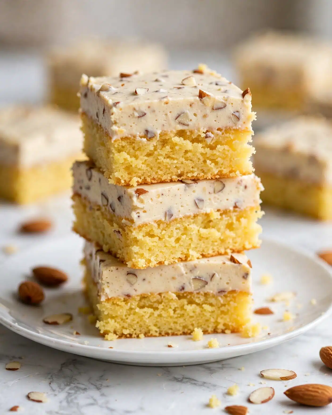 White Texas Sheet Cake Recipe 5 A close-up view of three square pieces of yellow cake stacked on a white plate with a white marbled texture underneath. Each piece has two layers: a soft, crumbly yellow cake base on the bottom, and a smooth, creamy light beige frosting on top, speckled with small almond nut pieces. Some almond nuts are scattered loosely around the plate. The background shows more pieces of the same cake blurred out. Photo taken with an iphone --ar 4:5 --v 7