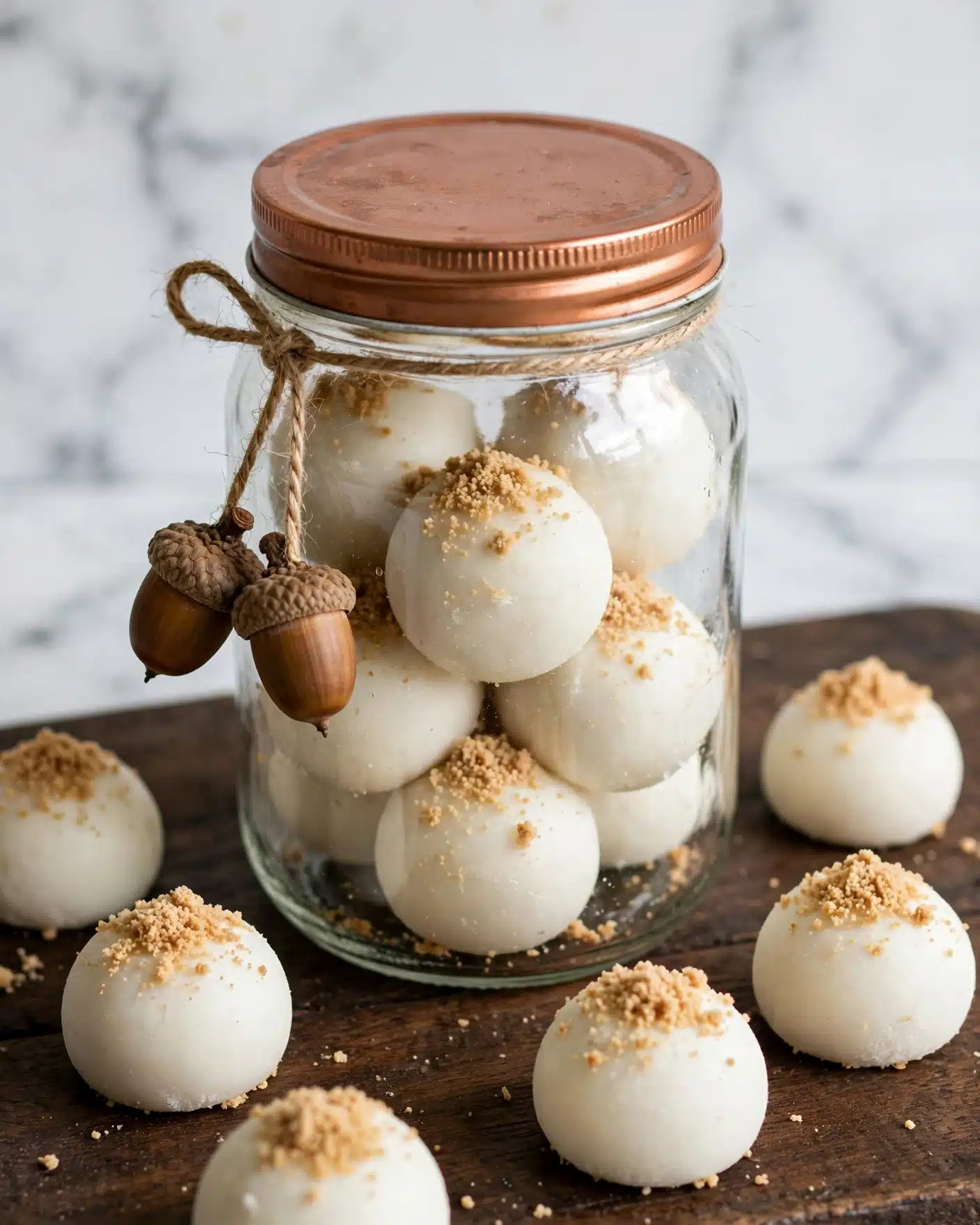 The image shows a clear glass jar with a copper-colored lid filled with several smooth, round white balls that look like desserts or treats, each topped with a small amount of light brown crumbly texture. Two acorns tied with a piece of string hang from the jar's neck. Around the jar, on a dark wooden surface, there are more of these white treats, each with the same crumb topping. The background is a white marbled texture. Photo taken with an iphone --ar 4:5 --v 7