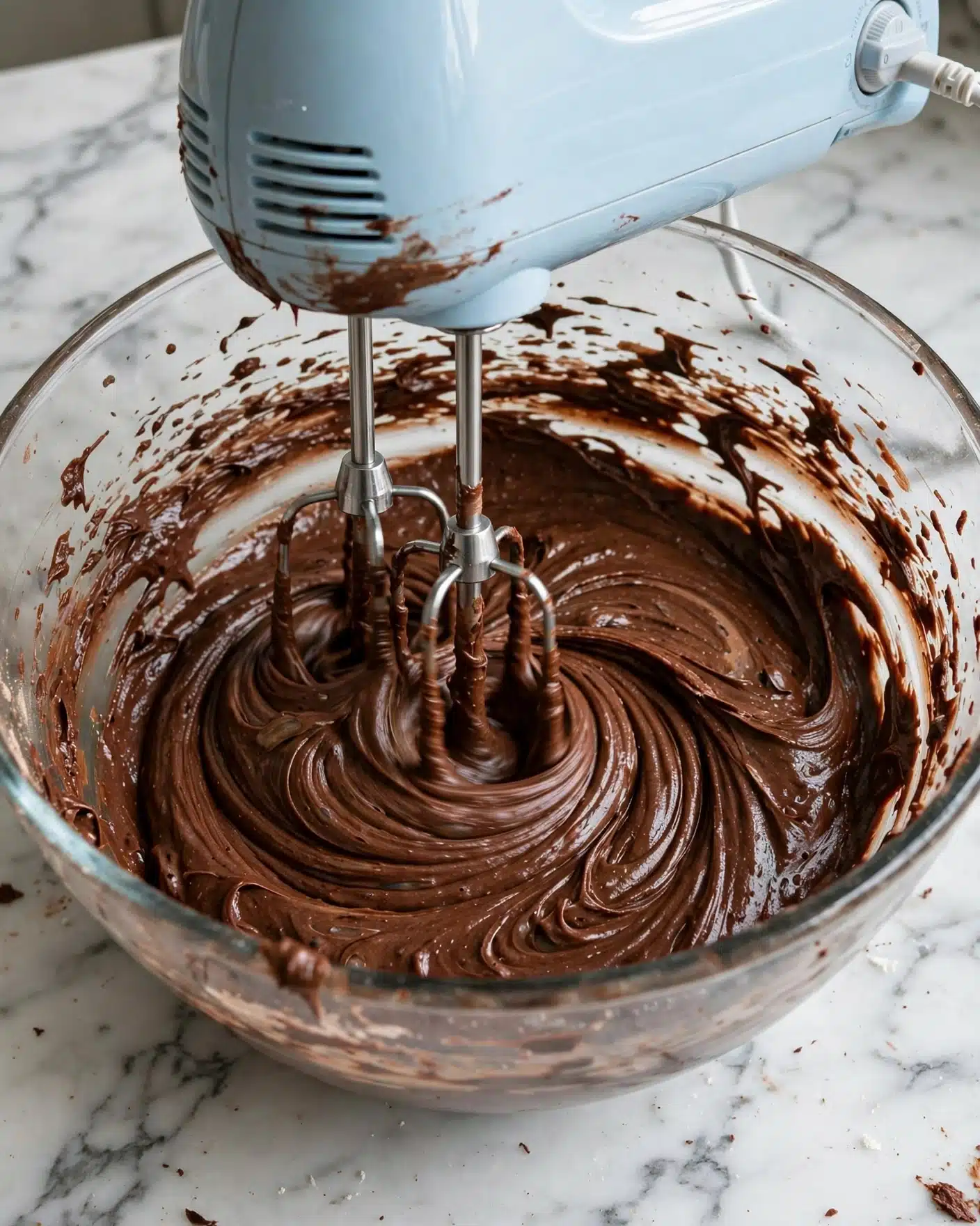 Brownie Batter Dip Recipe 4 A clear glass bowl filled with thick, dark brown chocolate batter being mixed by two silver beaters attached to a light blue electric mixer. The batter has rich, smooth, and creamy swirls spread unevenly with some traces stuck on the sides of the bowl. The setting is on a white marbled texture surface, and the image closely captures the mixing process showing texture details. Photo taken with an iphone --ar 4:5 --v 7