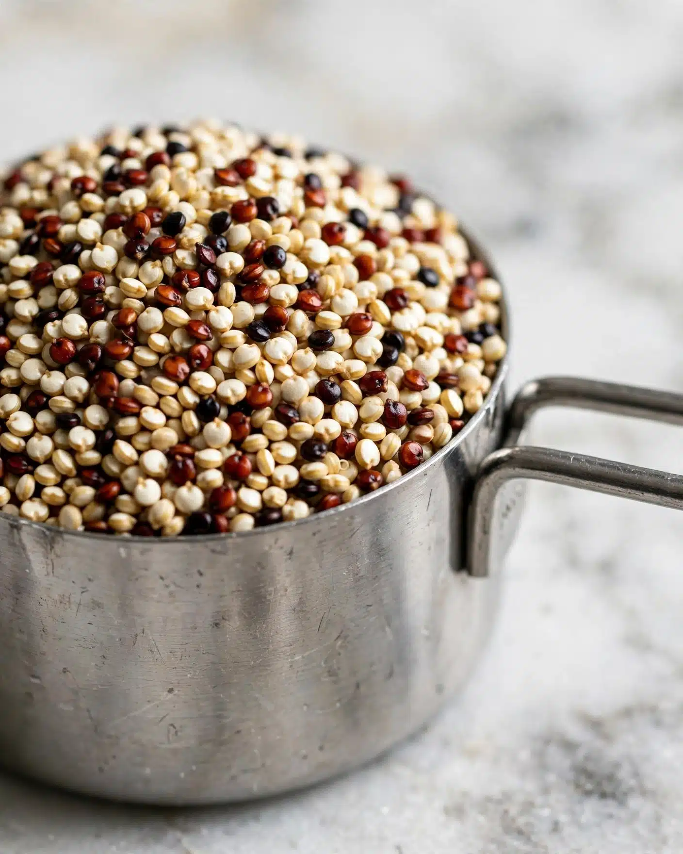 A close-up view of a metal measuring cup filled to the top with a mix of small round quinoa grains in white, red, and black colors. The grains have a textured and slightly shiny look, packed tightly inside the cup. The handle of the cup extends outwards, resting on a white marbled surface that blurs softly in the background. photo taken with an iphone --ar 4:5 --v 7