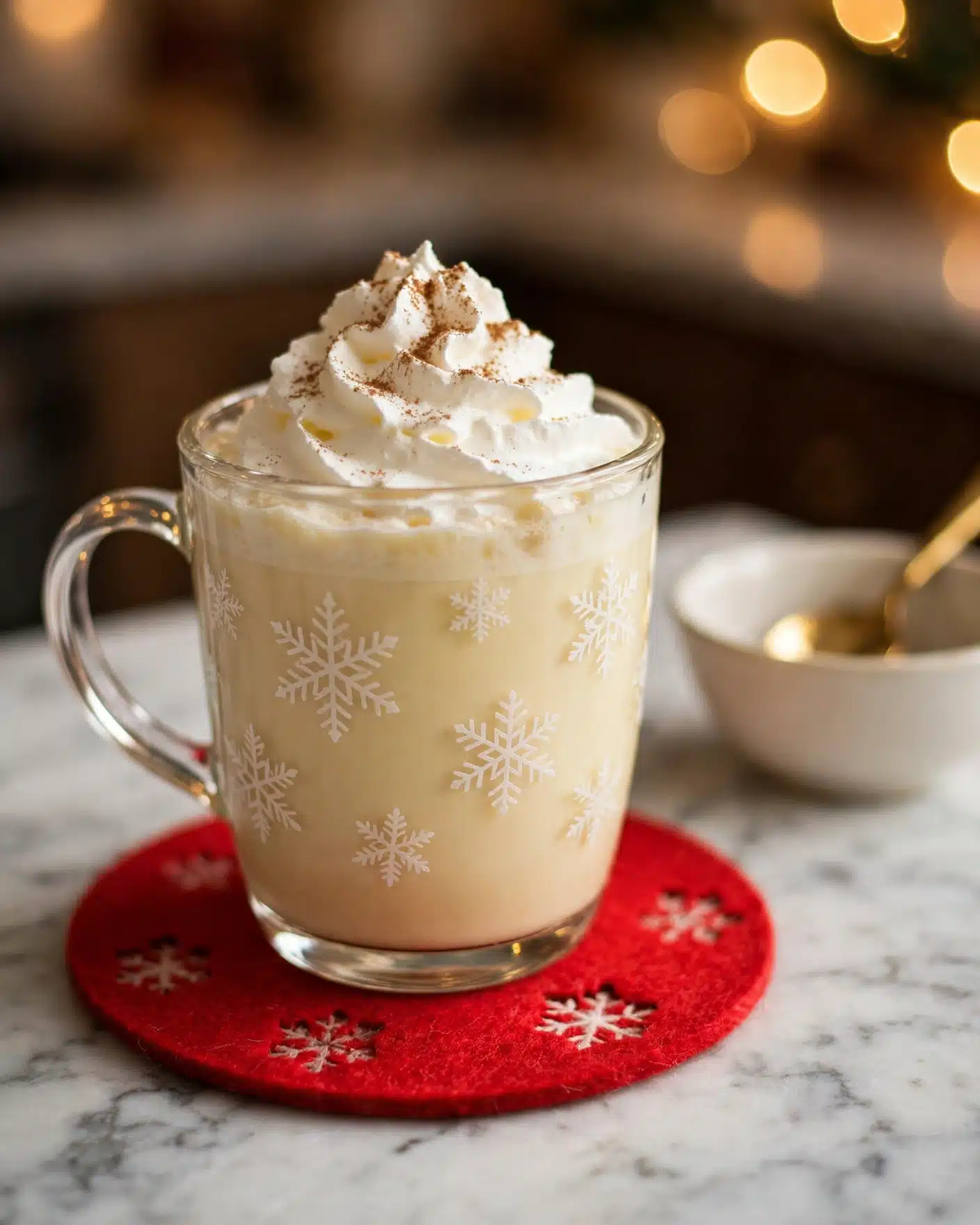 A clear glass mug with white snowflake patterns holds a creamy pale yellow drink, topped with a generous swirl of white whipped cream sprinkled with light brown powder. The mug sits on a bright red felt coaster with snowflake shapes. In the background is a bowl with a golden spoon on a white marbled surface, with soft, warm bokeh lights adding a cozy feel. photo taken with an iphone --ar 4:5 --v 7