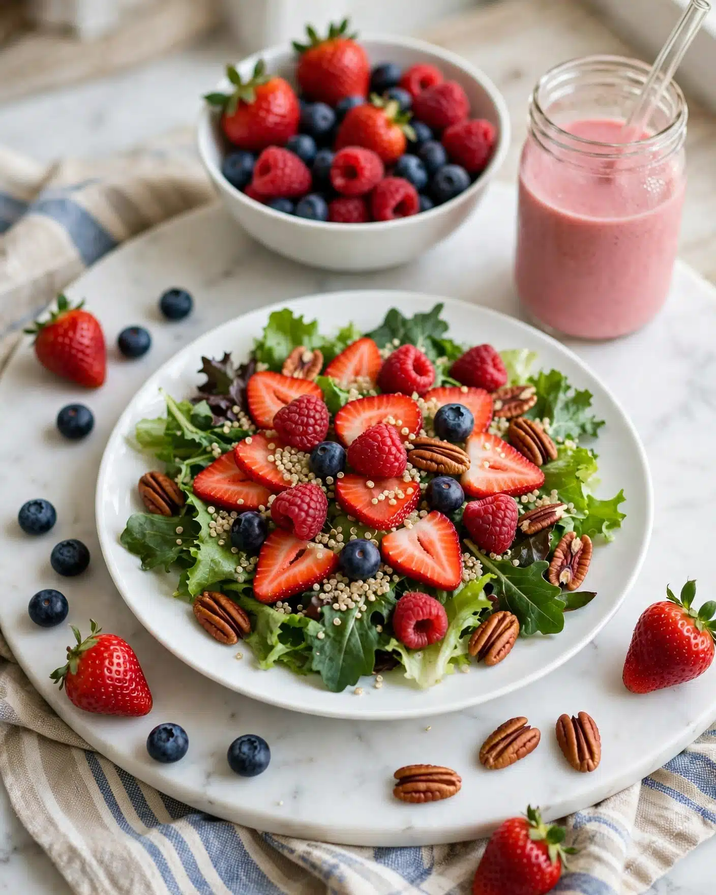 A white plate filled with a fresh salad made of a mix of green and dark leafy lettuce as the base layer, topped with small beige quinoa grains scattered throughout. On top, there are bright red strawberry slices, whole red raspberries, dark blue blueberries, and brown pecan nuts evenly spread over the salad. Around the plate, there are loose blueberries, pecans, and whole strawberries placed on a white marbled surface with a beige and blue-striped cloth partly visible beneath. In the background, a white bowl holds more whole strawberries, blueberries, and raspberries, beside a jar filled with pink smoothie. Photo taken with an iphone --ar 4:5 --v 7