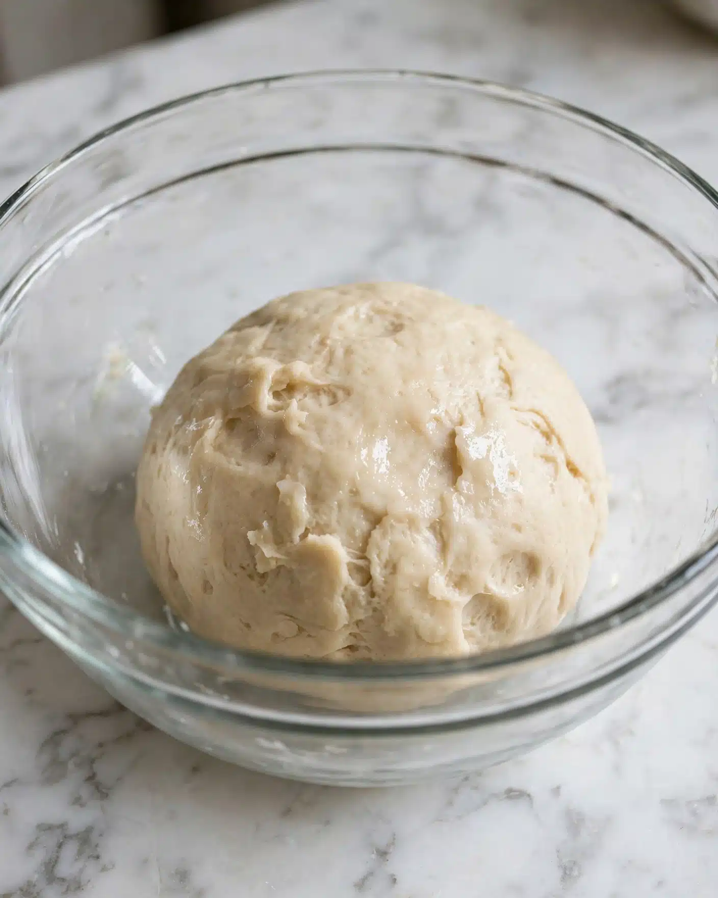 Homemade Honey Buns (Baked or Fried) Recipe 4 A glass bowl sits on a white marbled surface, containing one round ball of pale beige dough. The dough has a smooth texture with slight dimples and irregular indentations on its surface. The clear bowl shows the dough resting gently inside, highlighting its soft, slightly sticky appearance. photo taken with an iphone --ar 4:5 --v 7