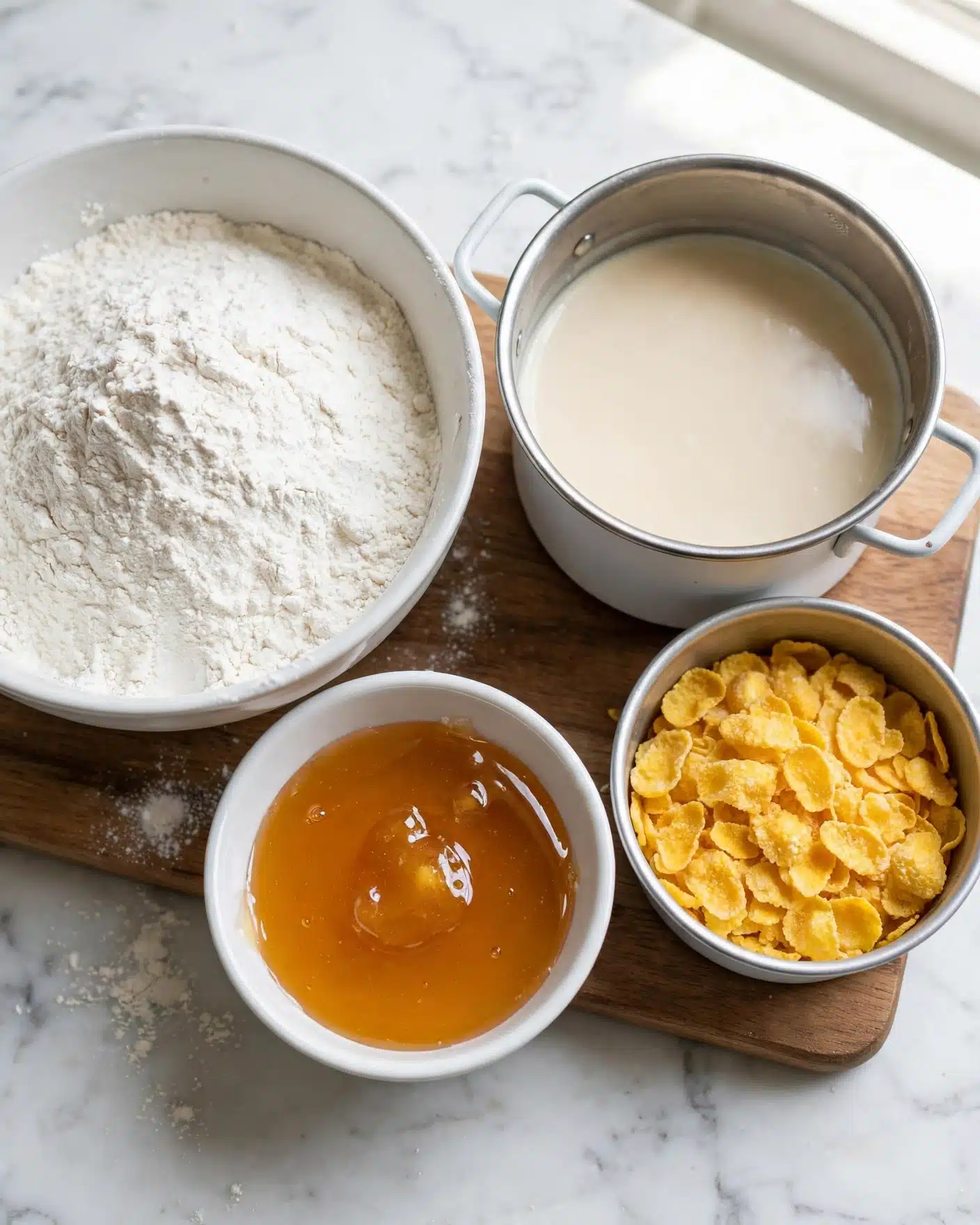 The image shows a wooden board with four containers placed on it, set on a white marbled surface. On the left, there is a large white bowl filled with white flour that has a soft, powdery texture. Next to it, on the right, is a small white metal pot filled with a smooth, light beige liquid that looks creamy. Below the pot, there is a small white bowl with golden honey, shiny and thick in texture. To the right of the honey, there is a small white metal bowl filled with bright yellow corn flakes, flat and crispy-looking. All items are arranged neatly, with clear separation between each container. Photo taken with an iphone --ar 4:5 --v 7