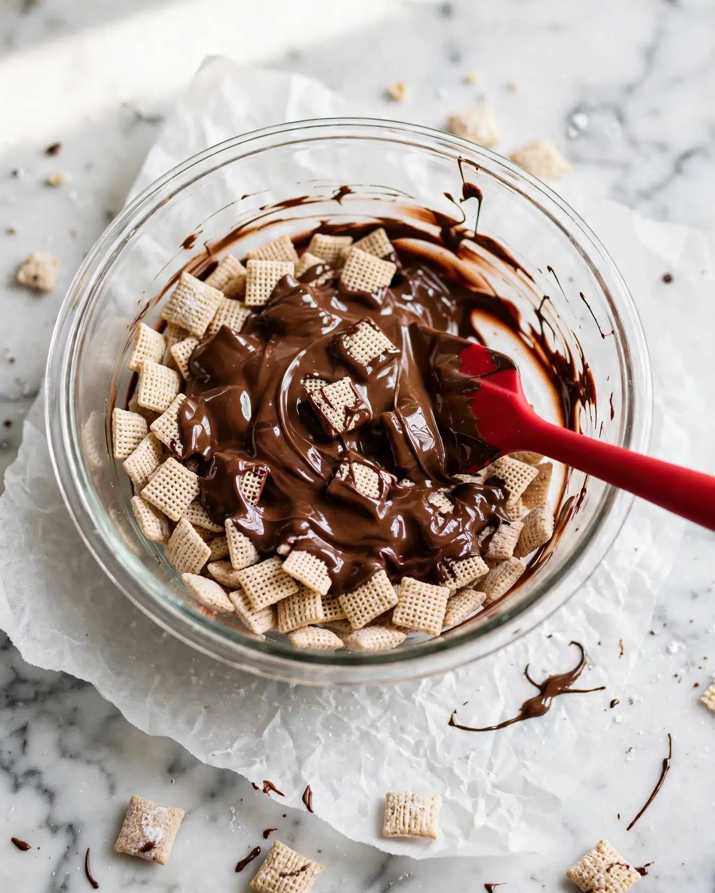 A clear glass bowl sits on a white marbled surface filled with a layer of light beige square cereal pieces that have a woven texture. On top of the cereal is a smooth, thick layer of shiny melted chocolate, which is partly mixed with the cereal. A red spatula with a smooth texture is inside the bowl, resting on the chocolate with some chocolate clinging to it. The photo taken with an iphone --ar 4:5 --v 7