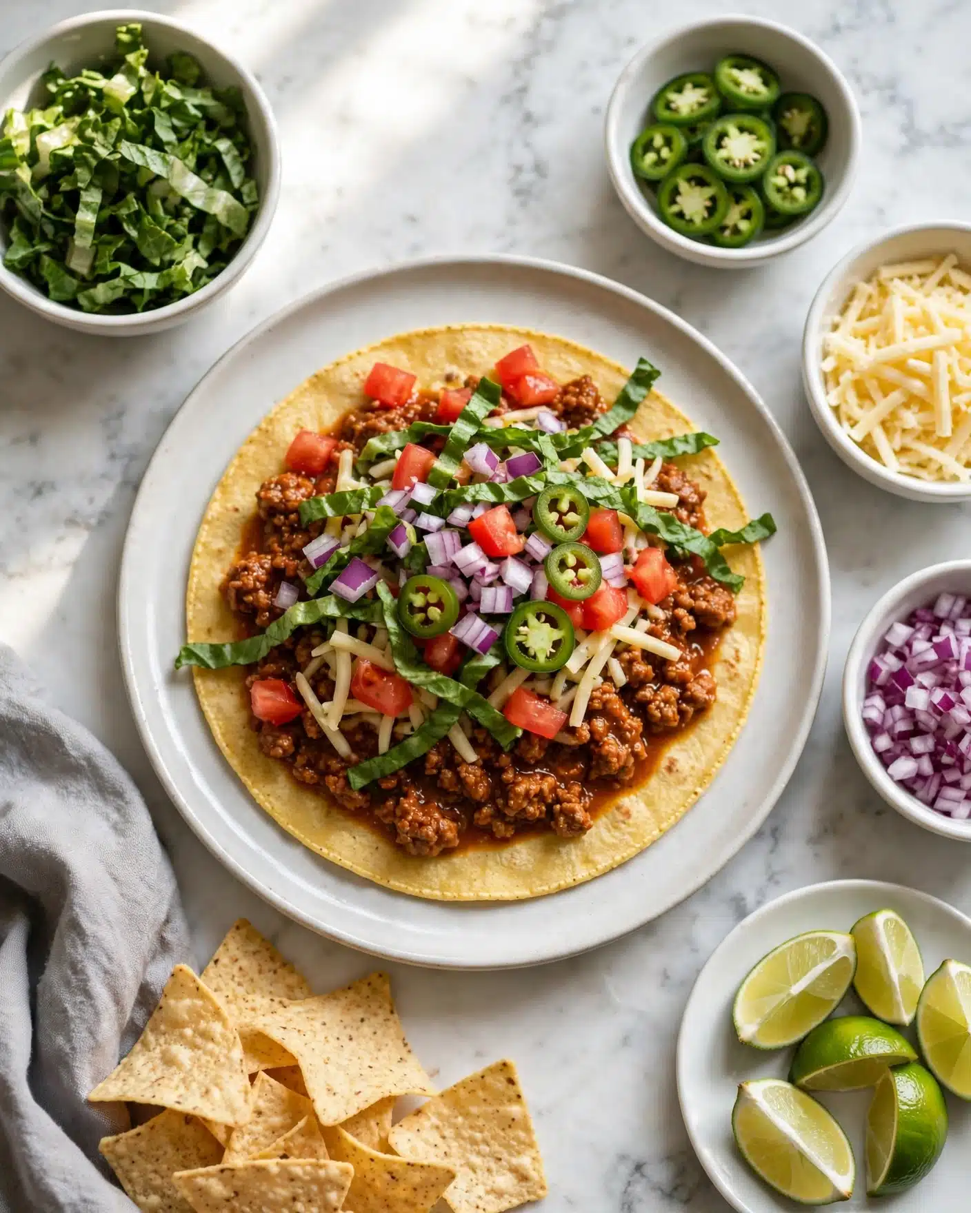 Ground Turkey Tacos Recipe 5 A soft yellow tortilla lays flat on a round ceramic plate, topped with layers of cooked ground meat in a reddish-brown sauce, bright red diced tomatoes, thin strips of fresh dark green lettuce, finely chopped purple onions, shredded light yellow cheese, and several slices of green jalapeños scattered on top. Around the plate on a white marbled surface are small white bowls filled with chopped lettuce, sliced jalapeños, shredded cheese, and diced red onions, along with lime wedges on a white plate and some light tan tortilla chips near a gray cloth napkin. photo taken with an iphone --ar 4:5 --v 7