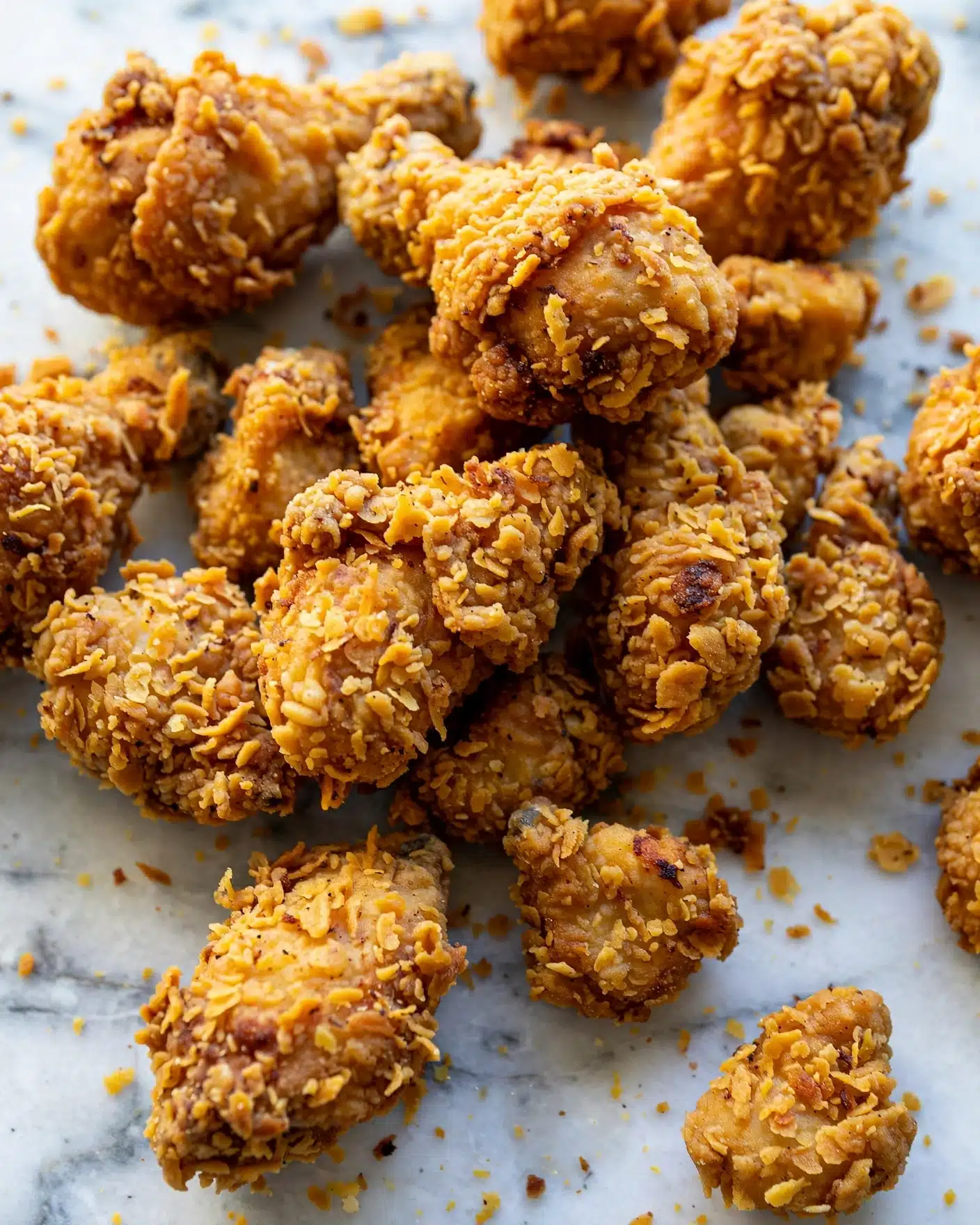 A close-up view of many pieces of golden brown fried chicken scattered closely together, each piece showing a thick, crunchy, and unevenly textured crust with small bumps and flakes in shades of yellow and light brown. The fried coating looks crispy and crisp, with some pieces showing a slightly darker toasted color. The chicken pieces vary in size and shape, all resting on a white marbled surface photo taken with an iphone --ar 4:5 --v 7