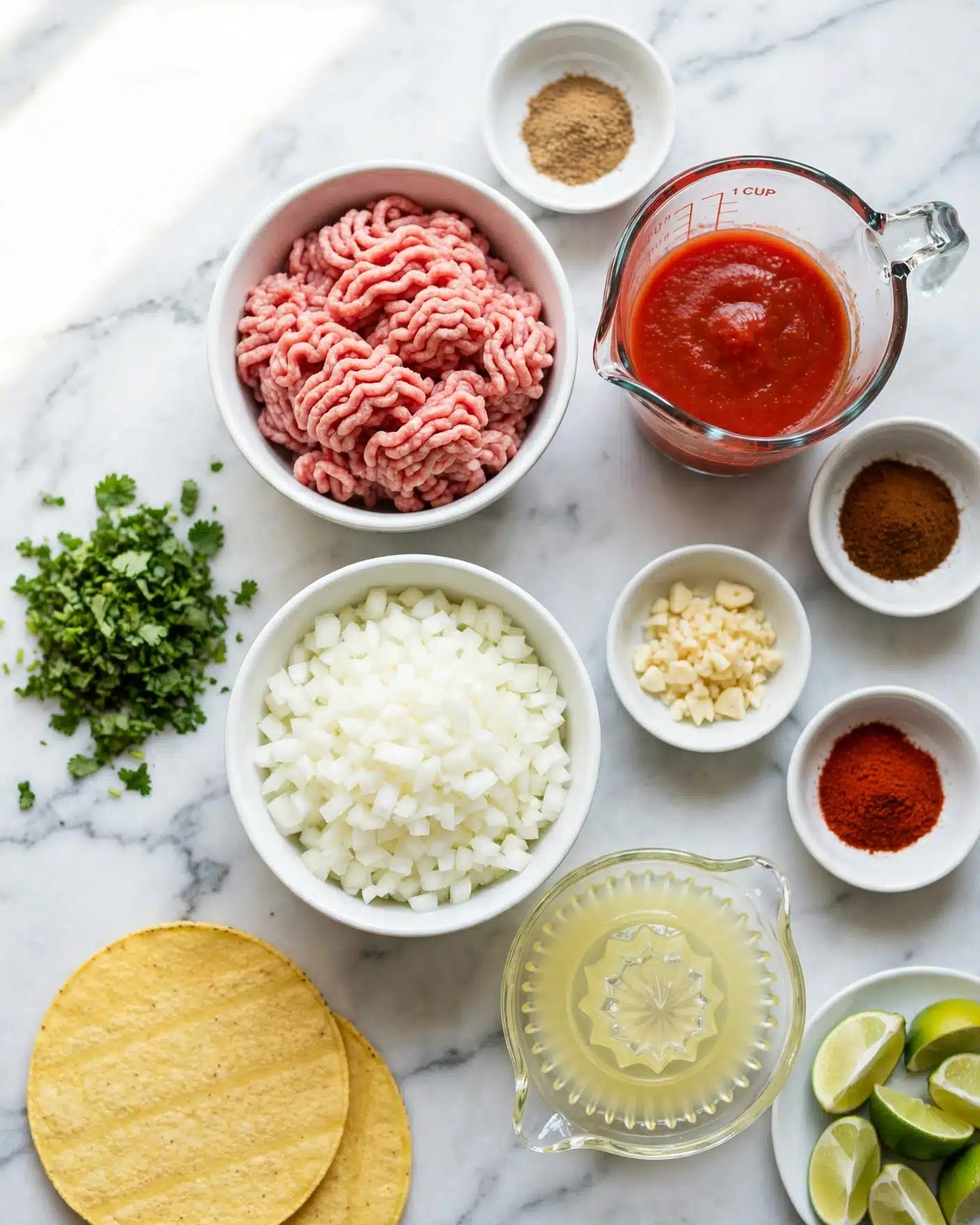 Ground Turkey Tacos Recipe 4 The image shows a group of ingredients arranged on a white marbled surface. At the center is a white bowl with light pink raw ground meat with soft ridges on top. Below it is a white bowl filled with finely chopped white onions. To the right of the meat is a clear glass measuring cup with red tomato sauce inside. Surrounding these are small white bowls holding various dry spices including light brown, dark brown, and red powders, and a bowl with chopped white garlic. On the left, there is a small bunch of chopped green herbs, and at the bottom right, there is a white plate with lime wedges. Also visible is a citrus juicer with pale yellow lemon or lime juice inside. Two yellow tortillas rest at the bottom left. Everything is bright and clear, ready for cooking. Photo taken with an iphone --ar 4:5 --v 7