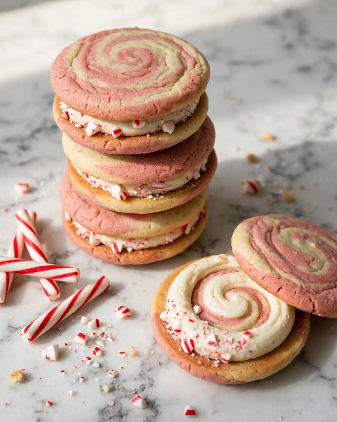 The image shows round sandwich cookies with two layers of dough swirled in pink and cream colors, stacked on a white marbled surface. Each cookie has two thick, soft-looking pink and cream swirled cookie layers on top and bottom. Between the cookie layers is a white creamy filling, some filled with small red and white crushed candy pieces sticking out from the sides. Near the cookies, white and red striped peppermint sticks lay flat on the white marbled surface, with small broken candy bits scattered around. One cookie lid is off, showing a smooth spiral of cream filling inside. Photo taken with an iphone --ar 4:5 --v 7