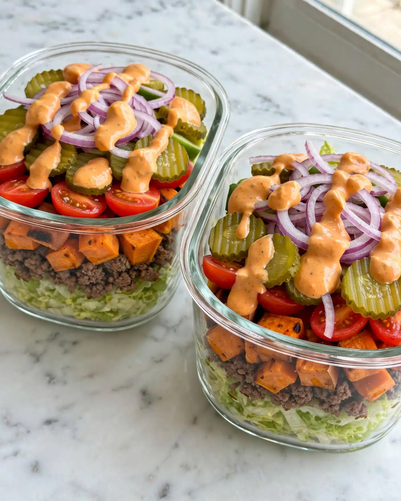 Sweet Potato Burger Bowl Recipe 5 Two clear glass containers show a layered salad on a white marbled surface. The bottom layer is light green shredded lettuce, topped with small rough pieces of cooked brown ground meat. Next is a scattered layer of small, bright orange cubes of roasted sweet potato. On top of that are slices of red cherry tomatoes and green ridged pickle slices, with thin ring slices of light purple onion spread over everything. A thick layer of creamy orange sauce is drizzled all over the top, visible in blobs and streaks. The photo is taken from a slight angle, showing the layers clearly. Photo taken with an iphone --ar 4:5 --v 7