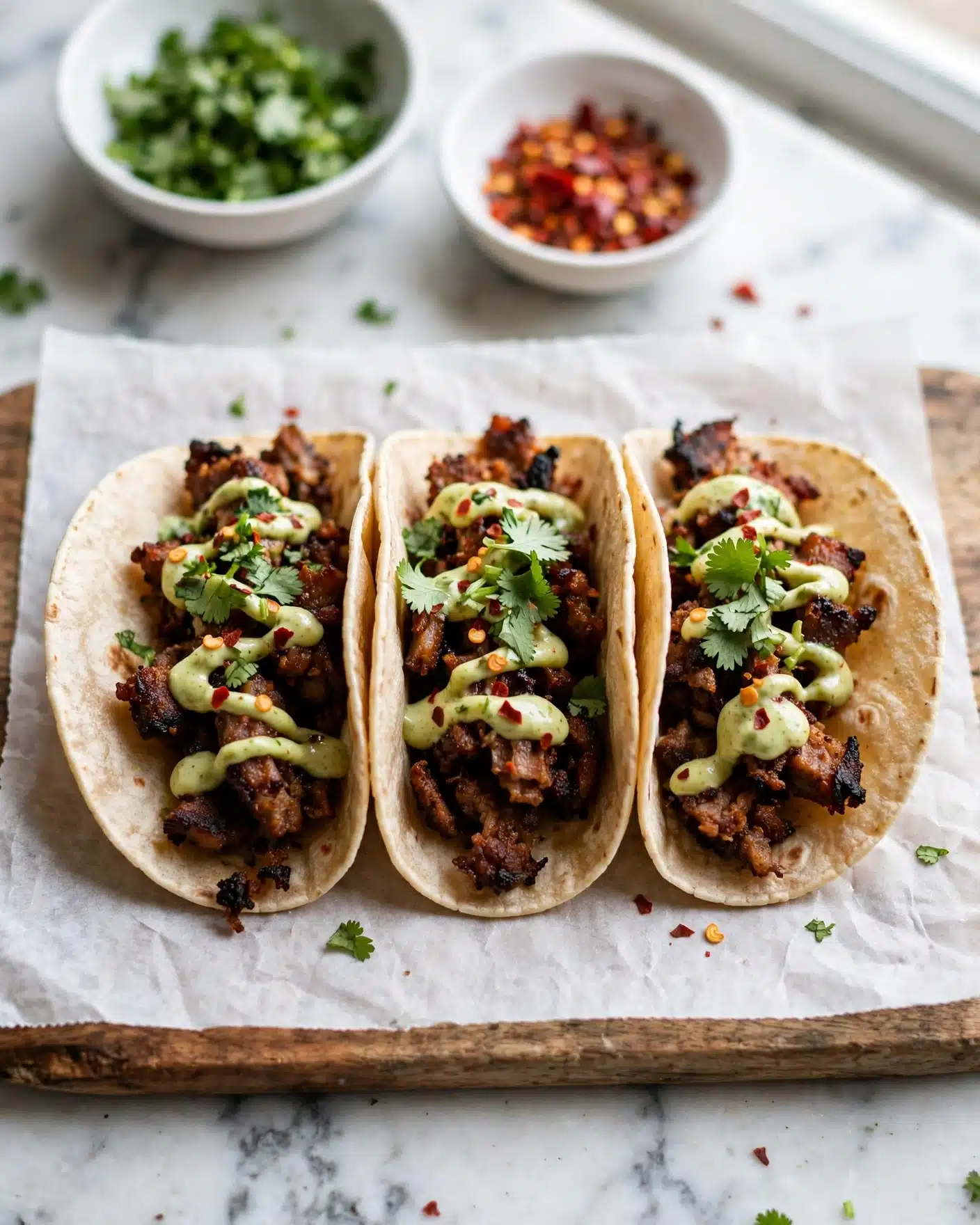 Crispy Baked Black Bean Tacos with Cilantro Lime Crema Recipe 5 The image shows three tacos placed side by side on white parchment paper over a wooden board, all resting on a white marbled surface. Each taco has two layers: a light brown, soft tortilla folded around a crispy, dark brown, slightly charred layer of filling. The filling is topped with a drizzle of pale green sauce and sprinkled with small red chili flakes and chopped fresh green cilantro leaves. In the background, there are two small white bowls, one filled with chopped cilantro and the other with red chili flakes, slightly blurred but clearly visible. Photo taken with an iphone --ar 4:5 --v 7
