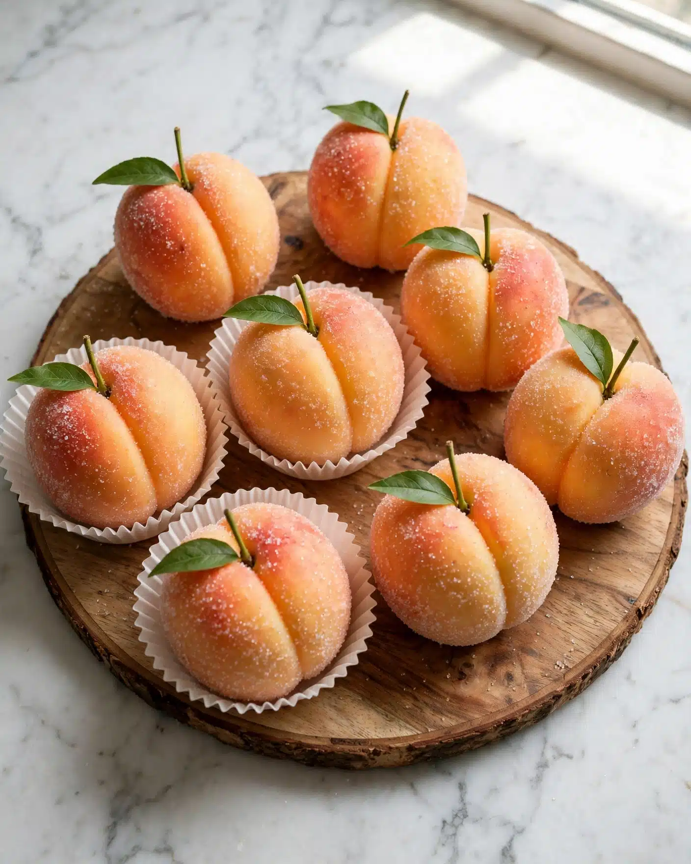 The image shows several peach-shaped desserts arranged closely together on a wooden board placed on a white marbled surface. Each dessert has two rounded halves, coated in fine sugar giving a sparkly texture, with a soft orange-pink color gradation that mimics the look of a real peach. The halves are joined in the center, creating a crease that runs from top to bottom. Each peach dessert is decorated with a small green leaf and a short green stem on top, adding a natural touch. Some peaches are placed inside white paper cupcake liners, while others rest directly on the board. photo taken with an iphone --ar 4:5 --v 7