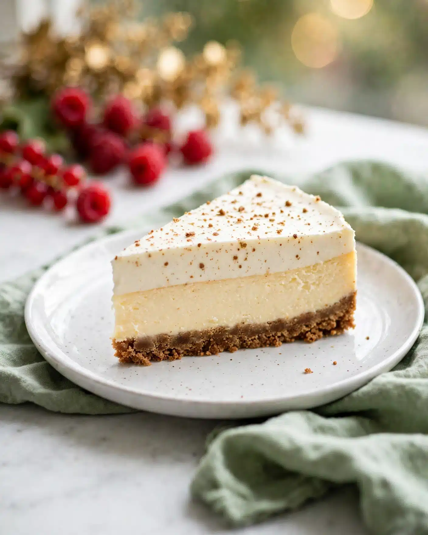 Eggnog Cheesecake with Gingersnap Cookie Crust Recipe 5 A single slice of cheesecake with three layers sits on a white plate: the bottom layer is a thick brown crumb crust, the middle layer is a creamy pale yellow cheesecake, and the top layer is a smooth white cream sprinkled with light brown spice bits. The plate rests on a white marbled surface with a soft green cloth around it, and out of focus red berries with golden accents are visible in the background. Photo taken with an iphone --ar 4:5 --v 7