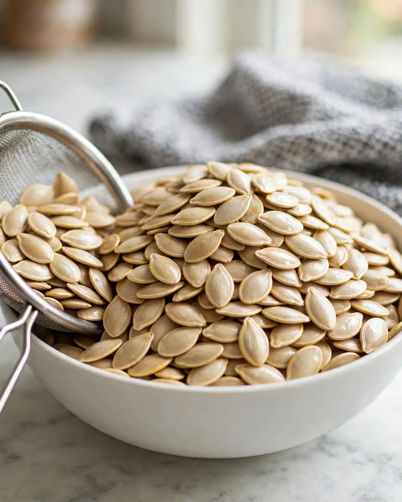 A white ceramic bowl filled to the top with smooth, light beige pumpkin seeds, each seed showing a slightly shiny texture and some with faint yellow edges, sits on a white marbled surface. The seeds are layered unevenly, creating soft, rounded mounds inside the bowl. A metal strainer with a fine mesh edges the bowl, holding the seeds and showing a metallic sheen. In the blurred background, a folded gray and white textured cloth adds a soft contrast. Photo taken with an iphone --ar 4:5 --v 7