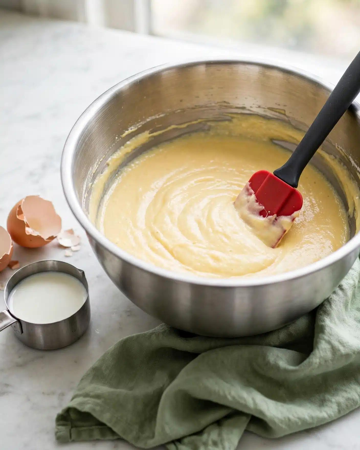Eggnog Cheesecake with Gingersnap Cookie Crust Recipe 4 A large metal mixing bowl filled with a smooth, pale yellow batter is placed on a white marbled surface. Inside the bowl, a spatula with a black handle and red silicone end is resting, partially dipped into the batter. To the left of the bowl, there is a metal measuring cup filled with white liquid next to a cracked eggshell. Underneath the bowl, a green cloth lies softly on the surface. photo taken with an iphone --ar 4:5 --v 7