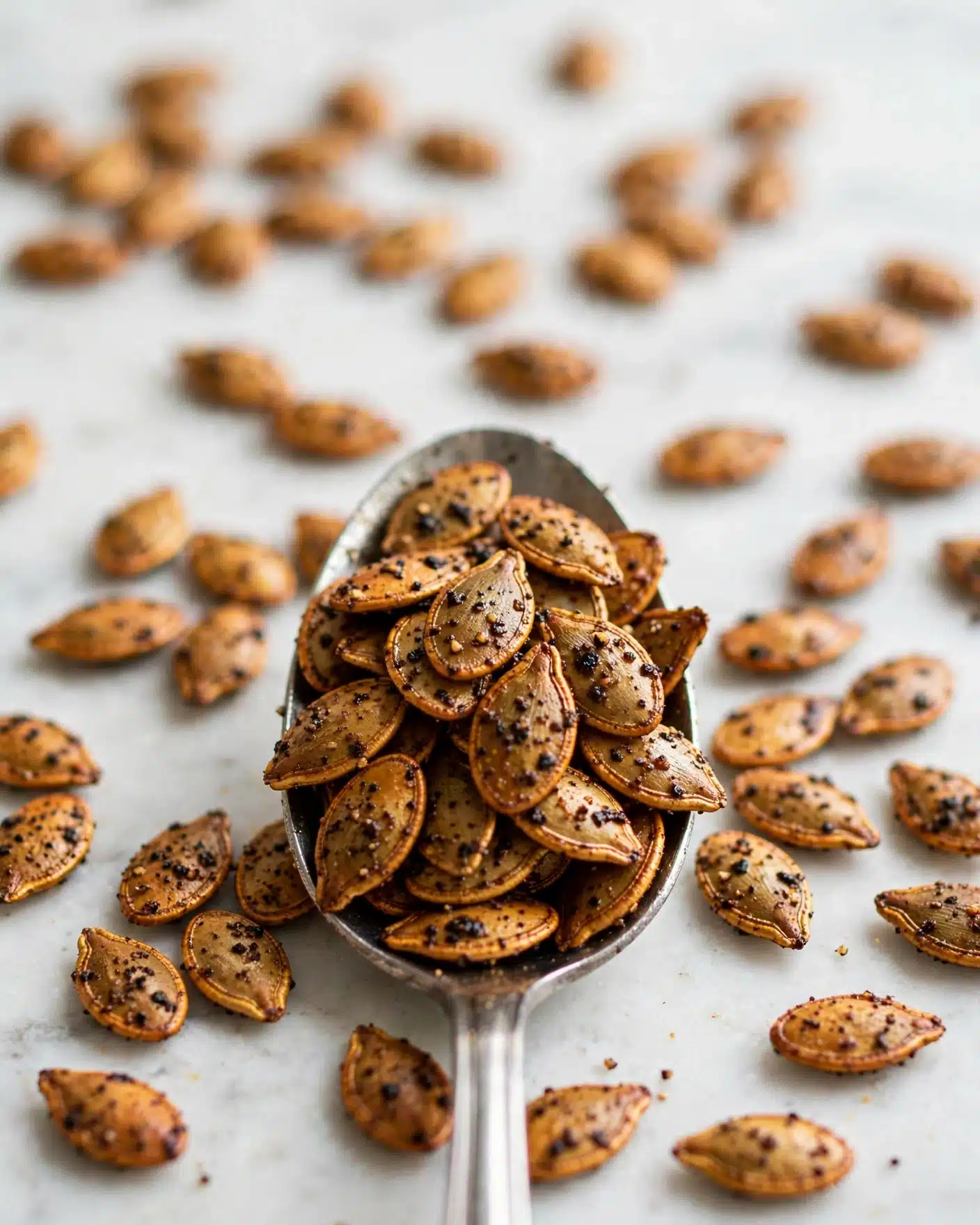 A close-up image of many roasted pumpkin seeds scattered on a white marbled surface, with a silver spoon filled with dark speckled, golden-brown seeds in the front center. The seeds have a slightly shiny, roasted texture with black seasoning bits on them. The background has more seeds spread out, softly blurred to keep the focus on the spoon and seeds in the foreground. Photo taken with an iphone --ar 4:5 --v 7