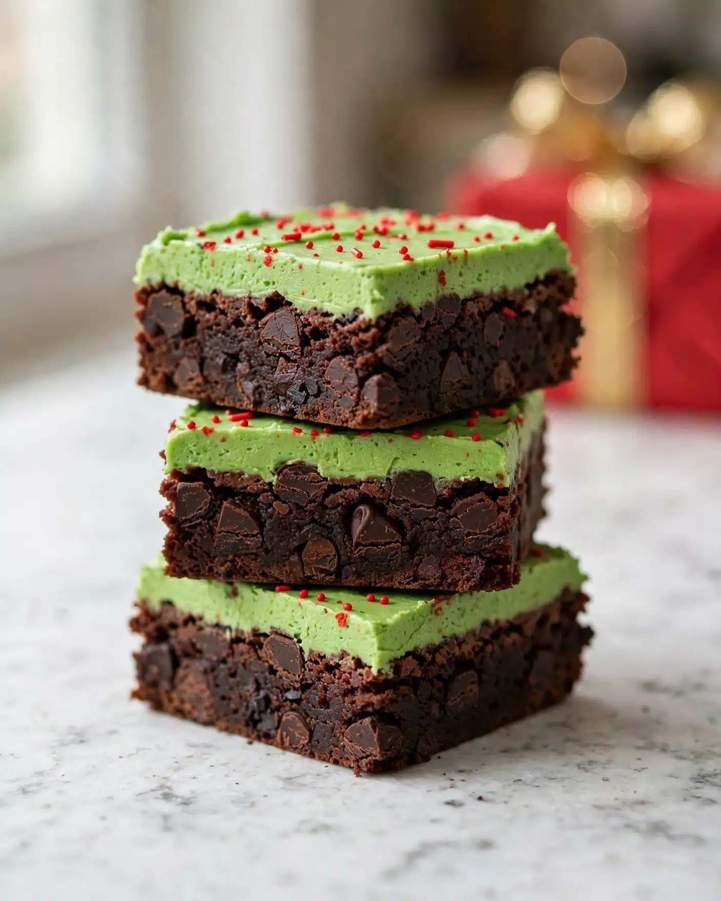 Grinch Brownies with Minty Green Frosting and Red Heart Sprinkles Recipe 5 The image shows a stack of three thick brownie squares on a white marbled surface. Each brownie has a dark, rich, and chunky chocolate base layer filled with visible chocolate chips. On top of the chocolate layer is a bright green frosting layer that looks smooth and creamy, decorated with small red sprinkles that add a pop of color. In the blurred background, there is a red gift box wrapped with a gold ribbon. The photo taken with an iphone --ar 4:5 --v 7