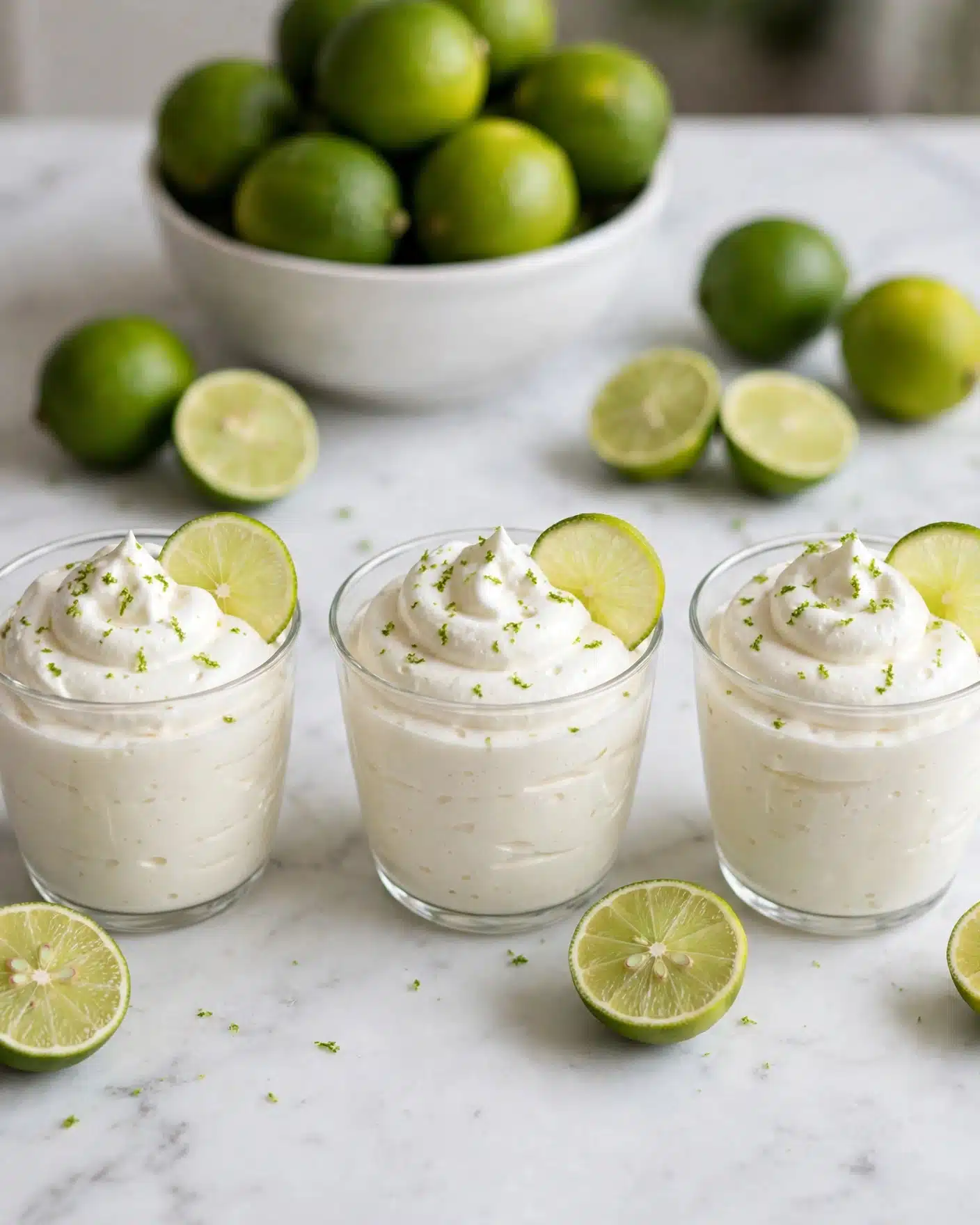Key Lime Mousse Recipe 5 Three clear glass cups are filled with a creamy white dessert that looks smooth and thick. Each cup has a swirl of white whipped cream on top, sprinkled with small green lime zest bits and a small thin slice of bright green lime placed on the side of the whipped cream. In the background, there is a white bowl full of whole green limes and more halves of lime around the cups on a white marbled surface. The scene is softly lit, showing the fresh and light feel of the dessert. Photo taken with an iphone --ar 4:5 --v 7