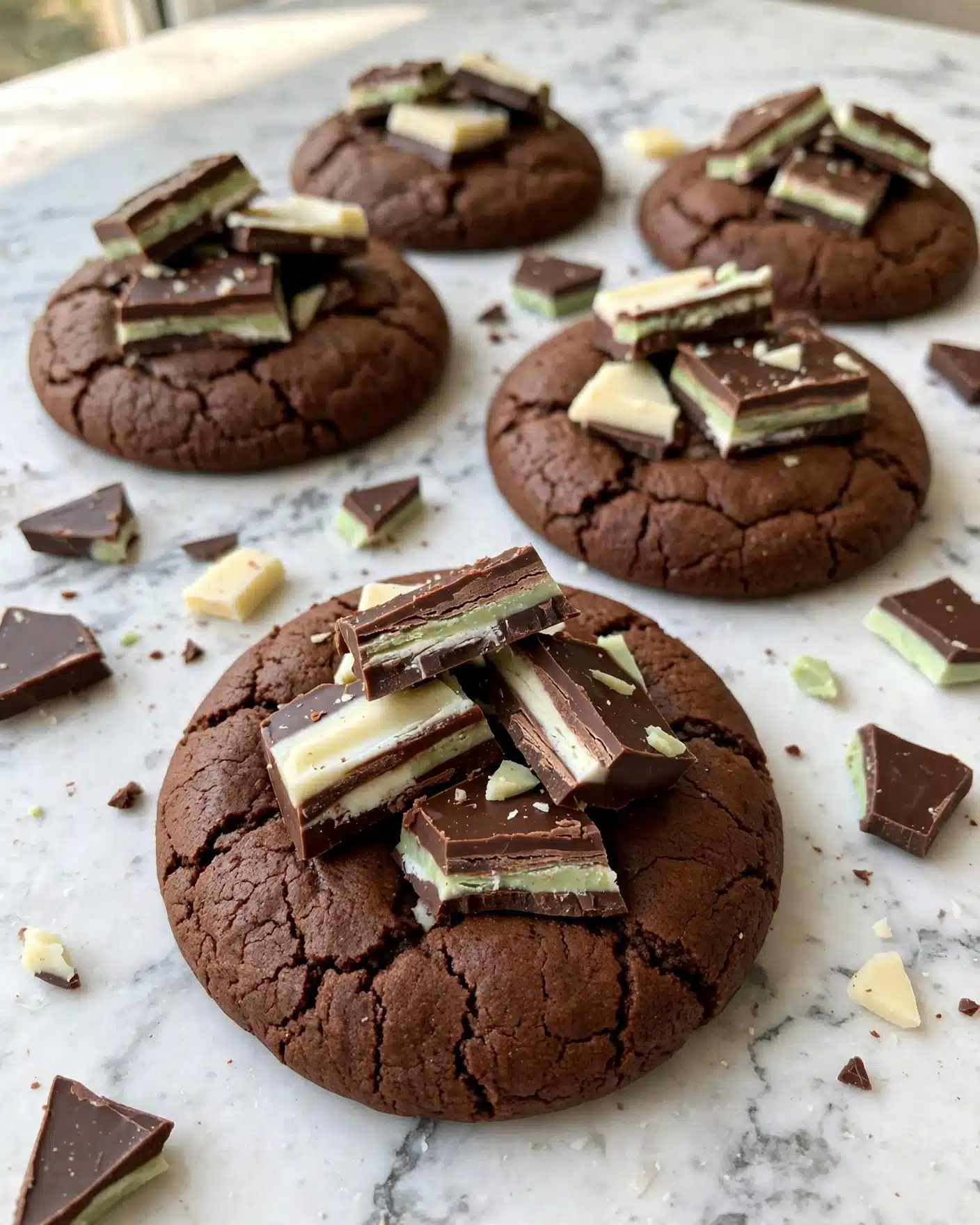 Double Chocolate Andes Mint Cookies Recipe 5 The image shows about five round dark brown chocolate cookies with a cracked surface, each topped with uneven chunks of dark and white layered mint chocolate pieces. The cookies are spread out on a white marbled surface with several broken mint chocolate pieces scattered around them, giving a rich and inviting look. The focus is on the cookie in the front with a soft and slightly cracked texture. photo taken with an iphone --ar 4:5 --v 7