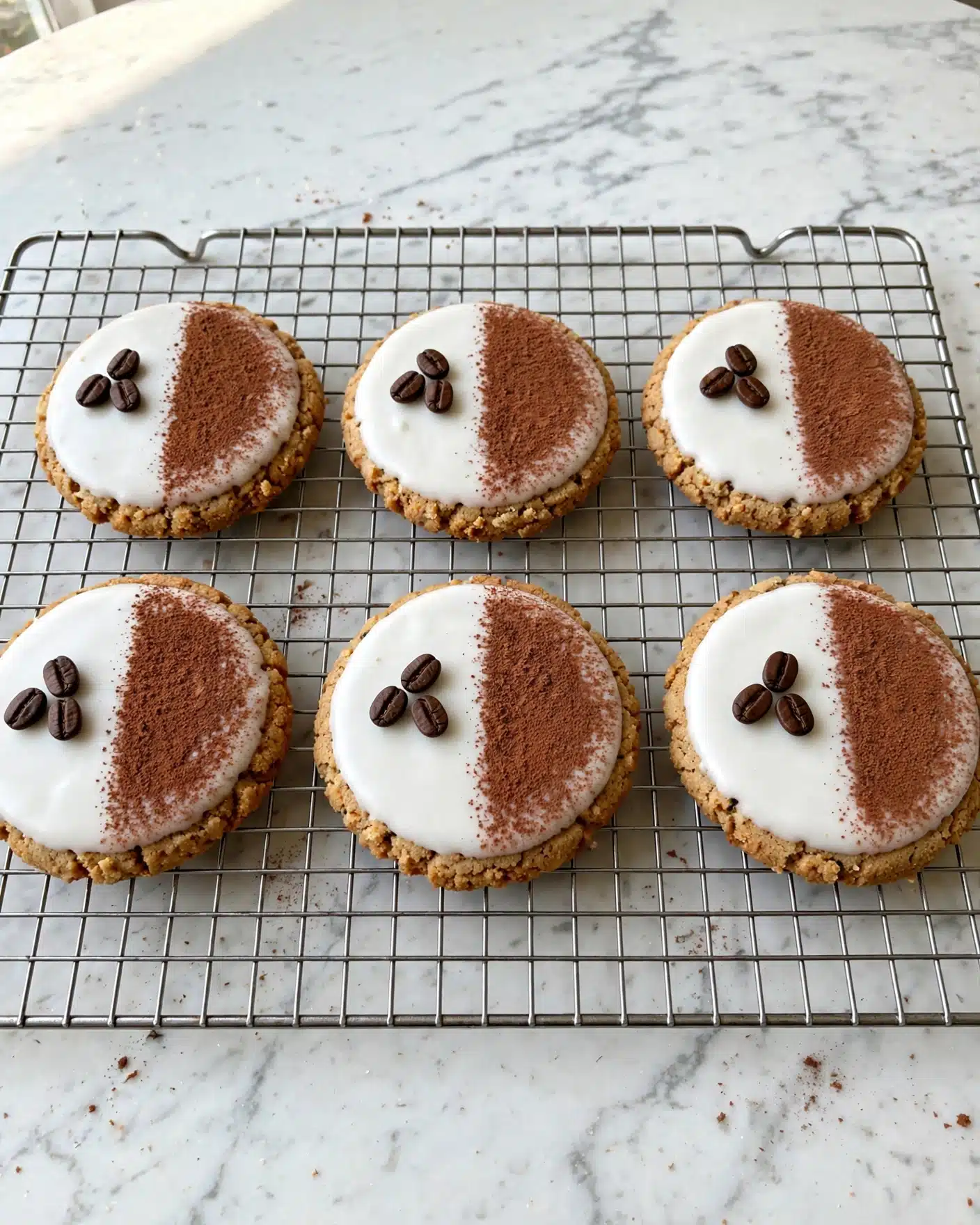 Espresso Martini Cookies Recipe 5 The image shows several round cookies placed on a metal cooling rack over a white marbled surface. Each cookie has two distinct layers on top: one half is covered with smooth white icing, while the other half is dusted with fine brown cocoa powder, creating a clear split across each cookie. On the white icing side of each cookie, there are three dark brown coffee beans arranged as decoration. The cookies are evenly spaced and have a slightly rough texture on the edges from the cookie base. Photo taken with an iphone --ar 4:5 --v 7