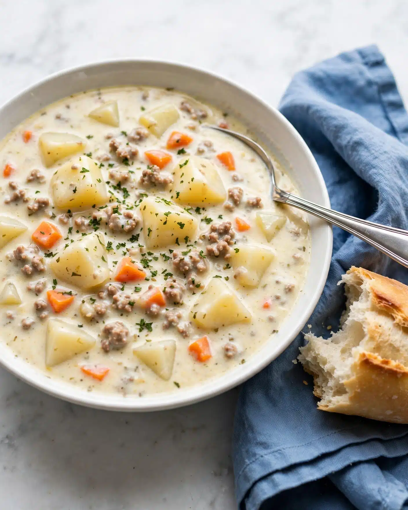 Cheeseburger Soup from Taste of Home Recipe 5 A white bowl filled with thick, creamy chowder containing large cubes of pale yellow potatoes, small bright orange carrot pieces, and bits of light brown ground meat mixed evenly throughout. Green flecks of herbs are sprinkled on top and inside the chowder. A silver spoon rests on the edge of the bowl, and a torn piece of crusty white bread is placed beside it on a folded blue cloth. The background is a smooth white marbled surface. Photo taken with an iphone --ar 4:5 --v 7
