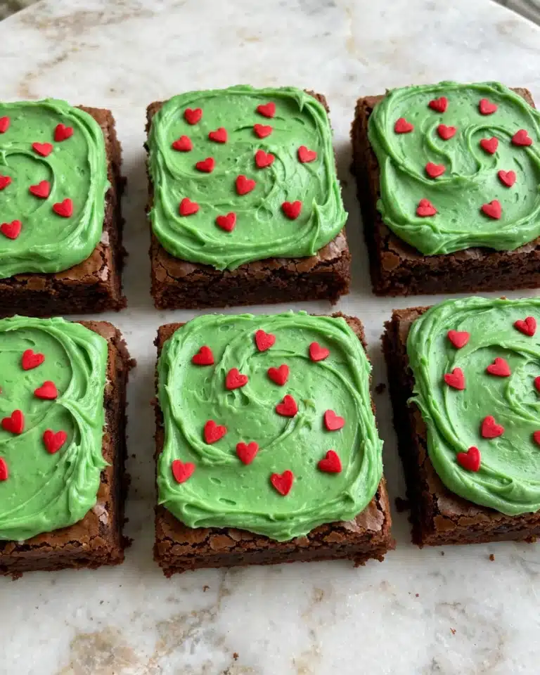 Grinch Brownies with Minty Green Frosting and Red Heart Sprinkles Recipe