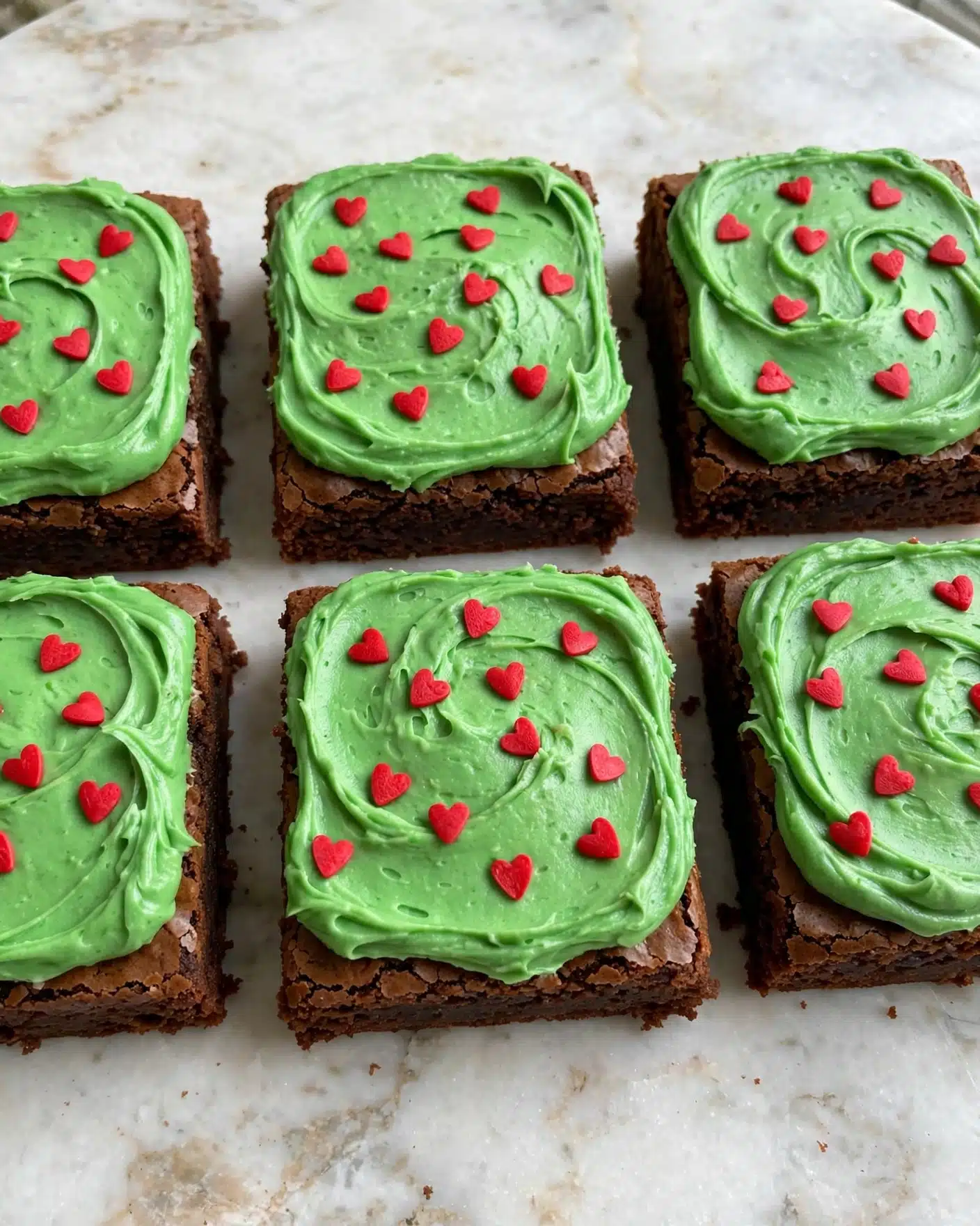 Grinch Brownies with Minty Green Frosting and Red Heart Sprinkles Recipe